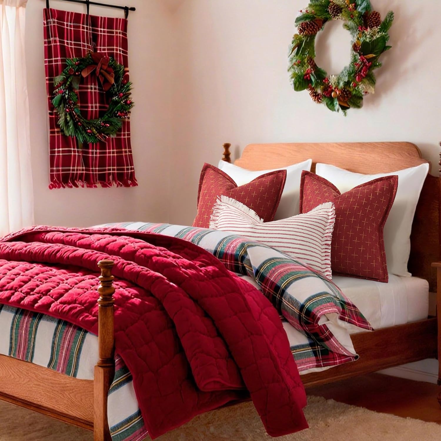 ZWJD Christmas Pillow Covers 26x26 Set of 2 Soft Polyester Textured Red Pillows with Stylish Flange