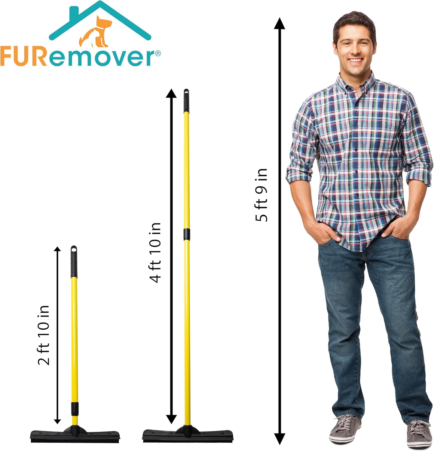 FURemover Original Pet Hair Rubber Broom with Squeegee, with 58" Telescopic Handle for Carpet, Tile