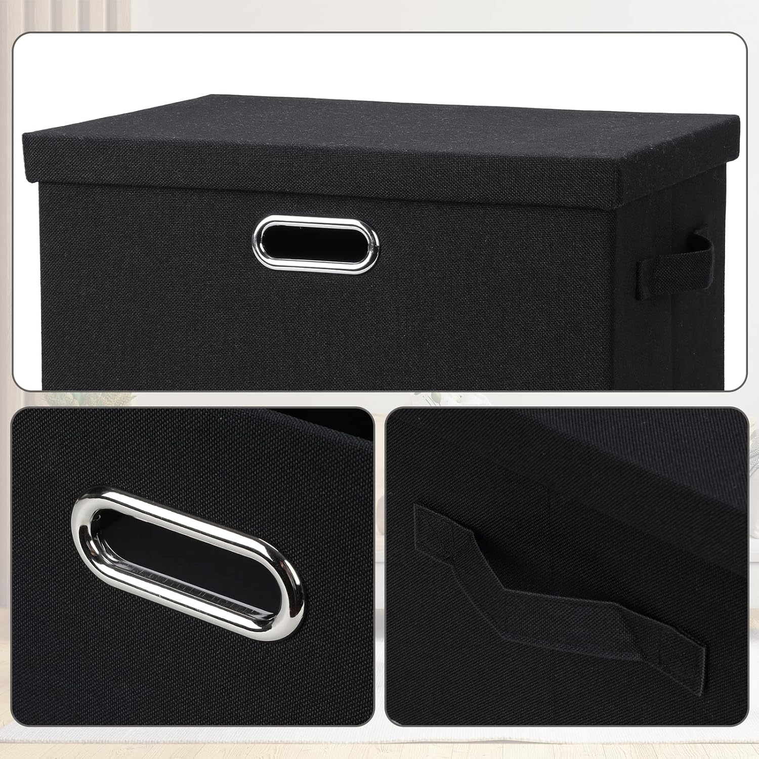 Large 17" 36 Quart Collapsible Stackable Storage Bins with Lids, 3 Packs Black Linen Fabric Closet