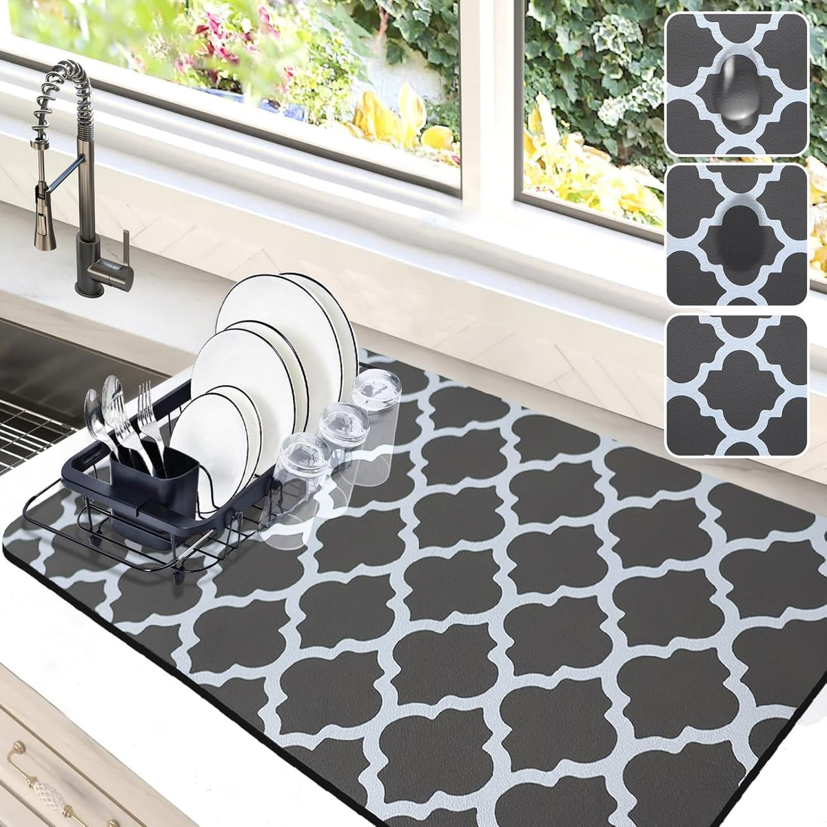 Dish Drying Mat for Kitchen Counter, 16"x24" Dish Drying Pad with Non-slip Rubber Backed, Hide