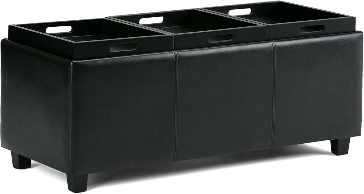 SIMPLIHOME Avalon 42 inch Wide Contemporary Rectangle Storage Ottoman in Midnight Black Vegan Faux