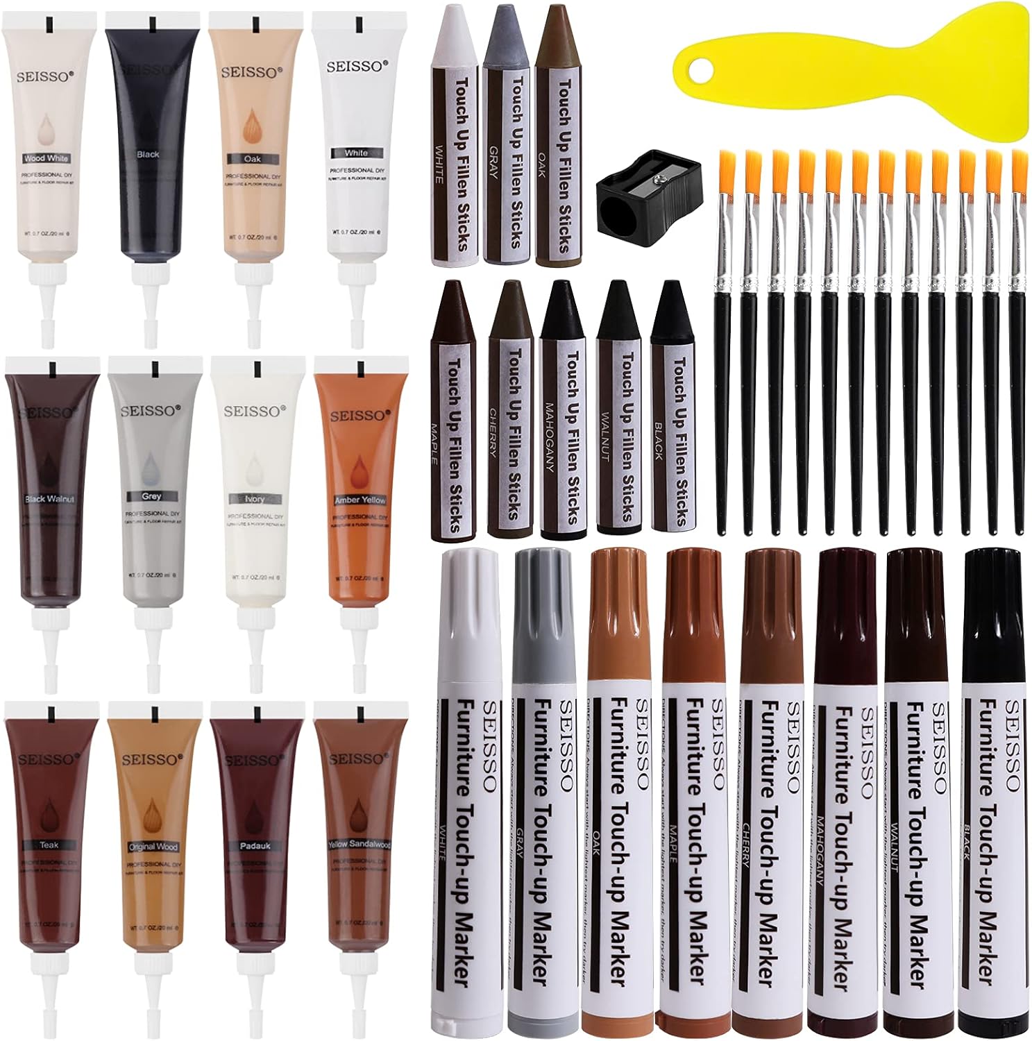 SEISSO Wood Furniture Repair Kit, 42 Pcs Wood Filler and Touch Up Markers with Wax Sticks, Vinyl