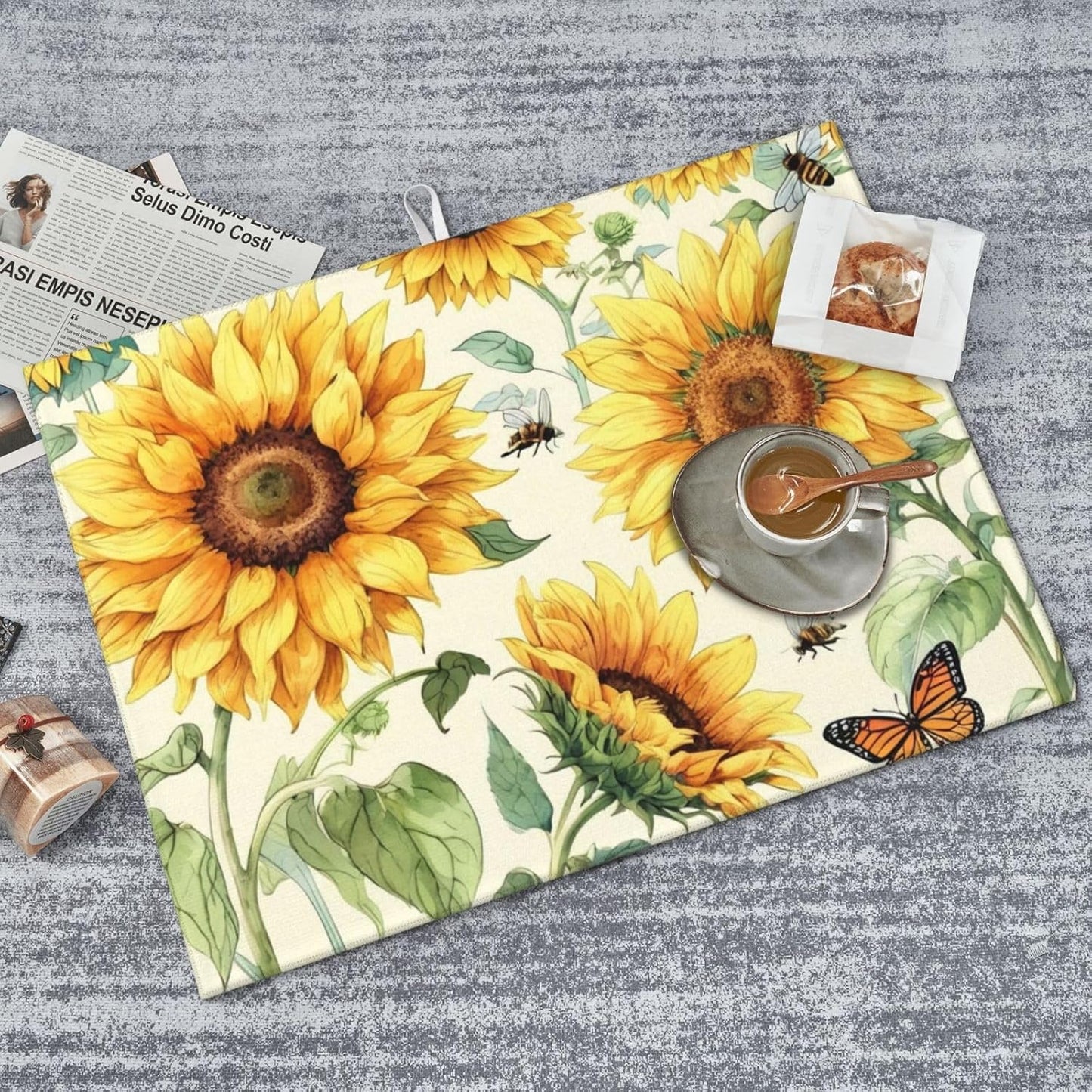 Sunflower Dish Drying Mat Highly Absorbent Double-Sided Microfiber with Hanging Loop Reversible
