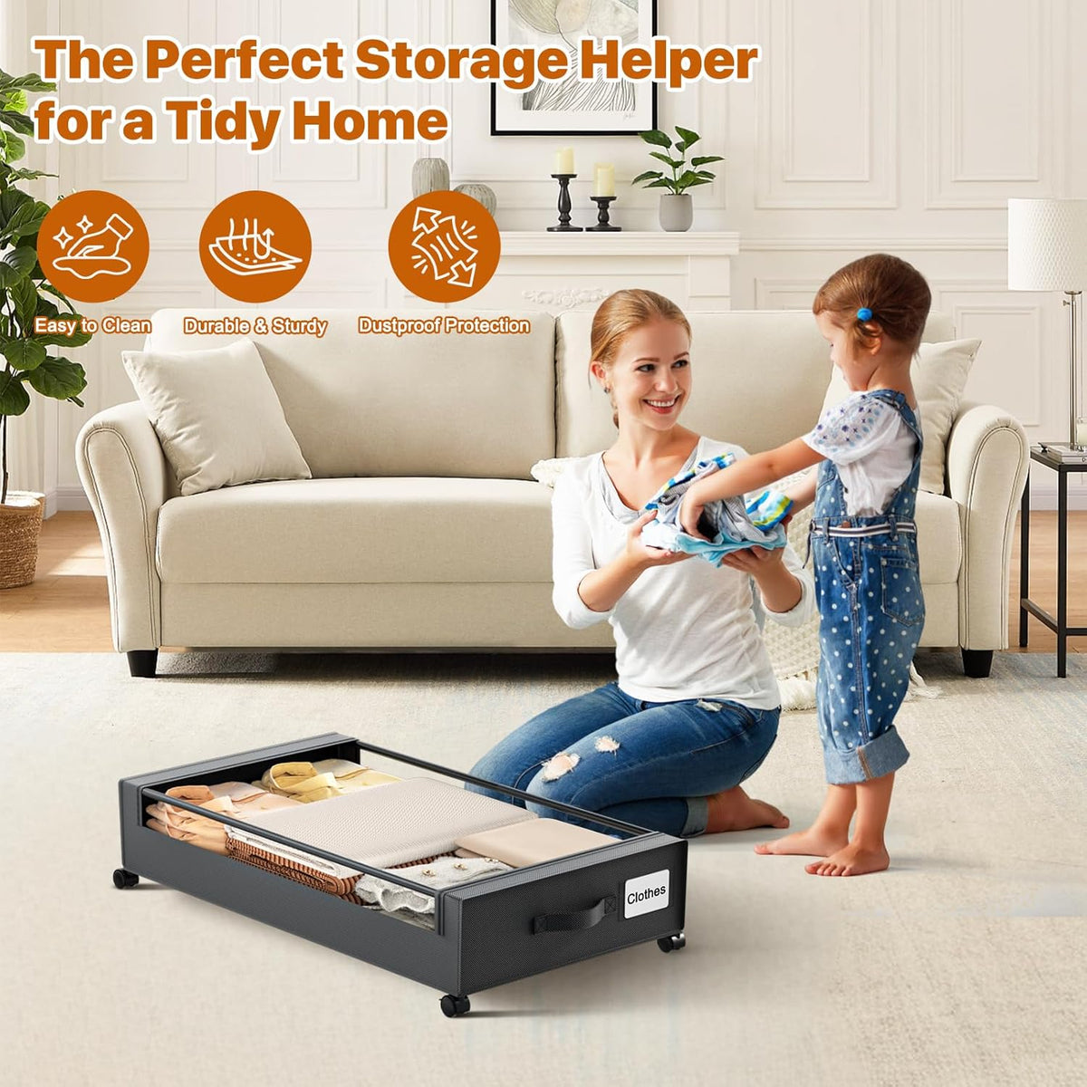 Under Bed Storage with Wheels,XXL 60L Under Bed Storage Containers with Clear Lids, Rolling Under