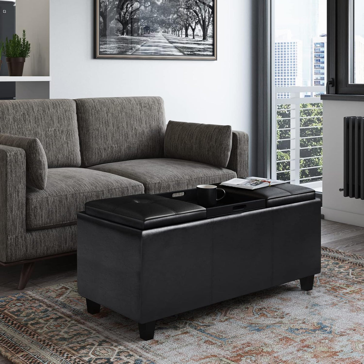 SIMPLIHOME Avalon 42 inch Wide Contemporary Rectangle Tray Storage Ottoman with Lift Up Lids in