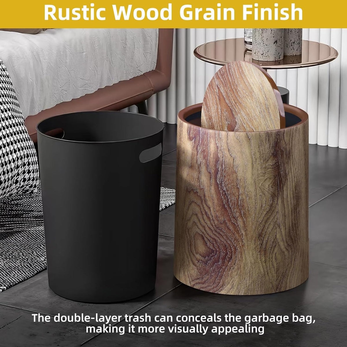 Wood Grain Plastic Trash Can Swing Top Lid, 4Gal/15L Farmhouse Wastebasket Bin Retro Style with