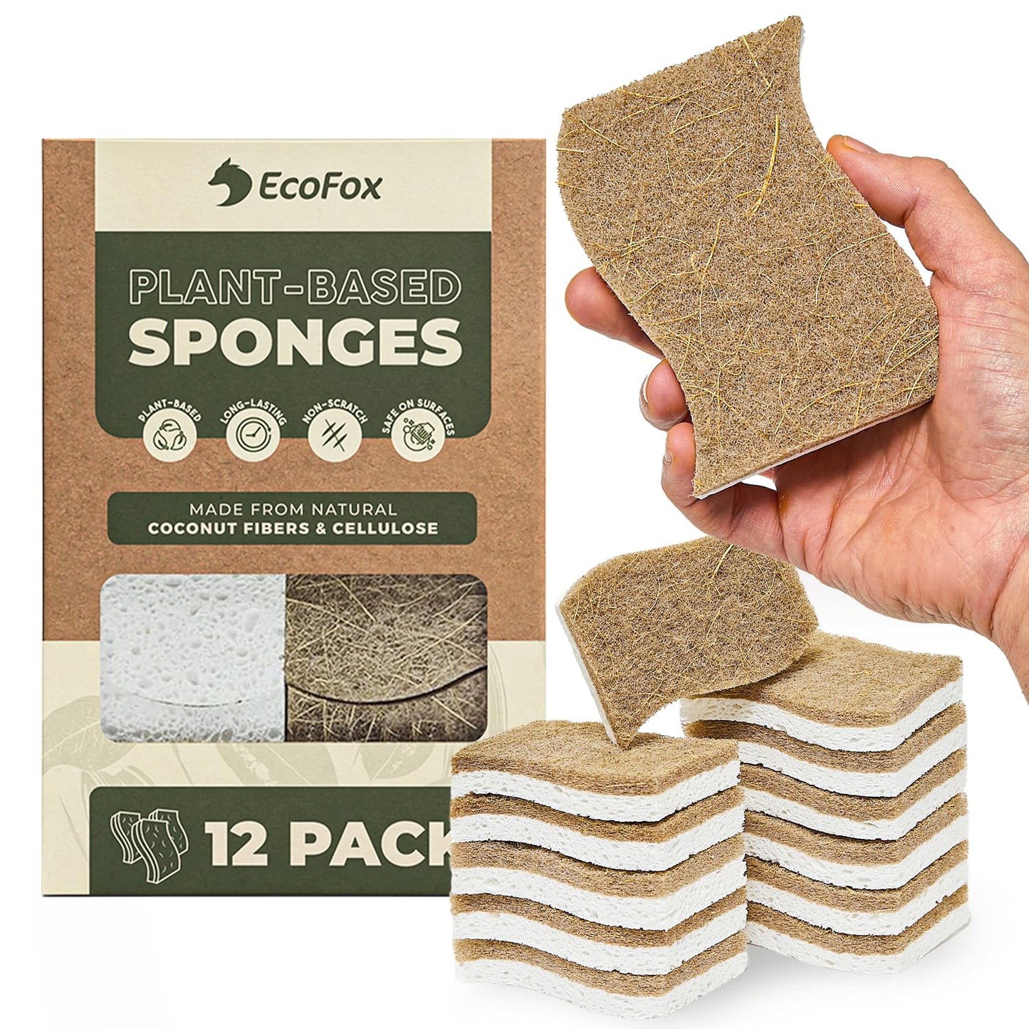 Plant-Based Kitchen Sponges (12 Pack) | USDA Biobased Certified | FSC & PETA Approved | Natural