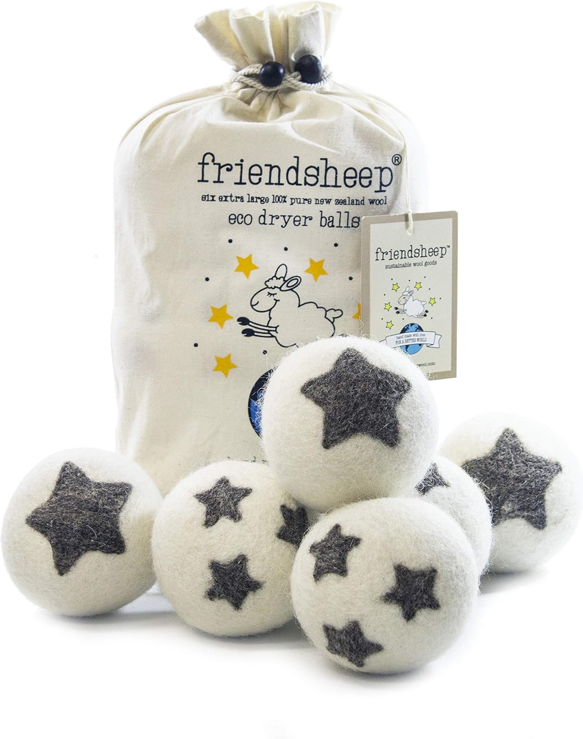 Friendsheep Wool Dryer Balls 6 Pack XL Organic Premium Reusable Cruelty Free Handmade Fair Trade No