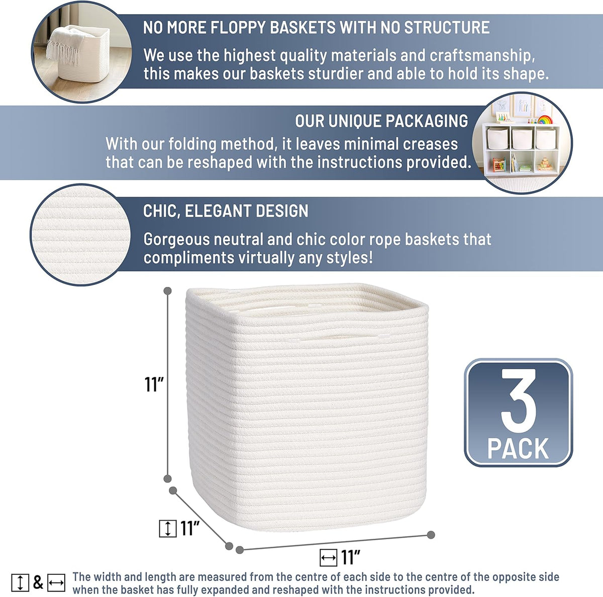 NaturalCozy Storage Cubes 11 Inch Cotton Rope Woven Baskets for Organizing, 3-Pack | Cube Storage