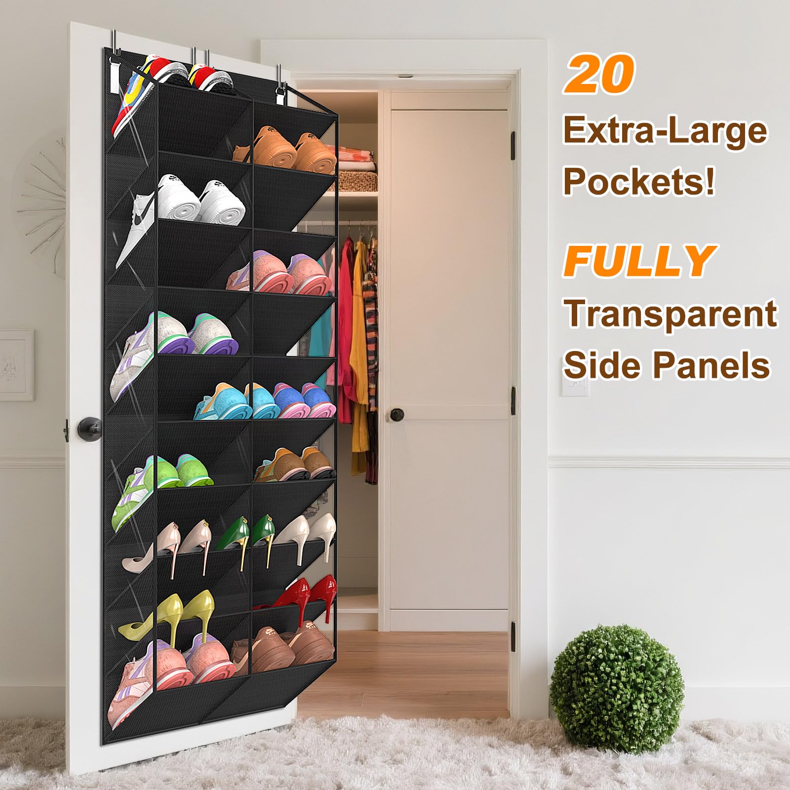 UVIAHOMI 20-30 Pairs Over the Door Shoe Organizer, Clear Pockets Hanging Shoe Storage for Closet