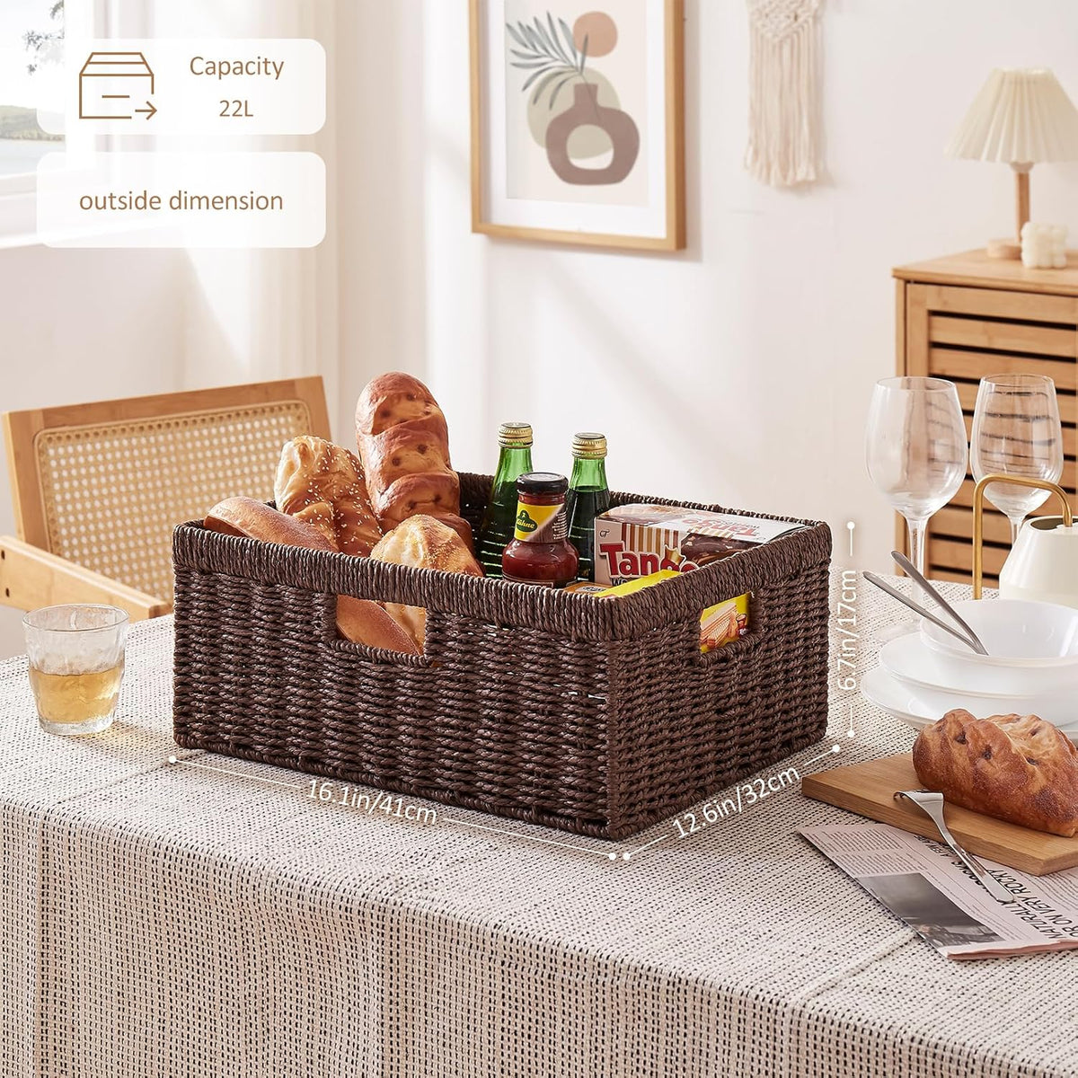 OIAHOMY Wicker Basket, Paper Shelf Basket with Built-in Handles, Rectangular Wicker Storage Bin for