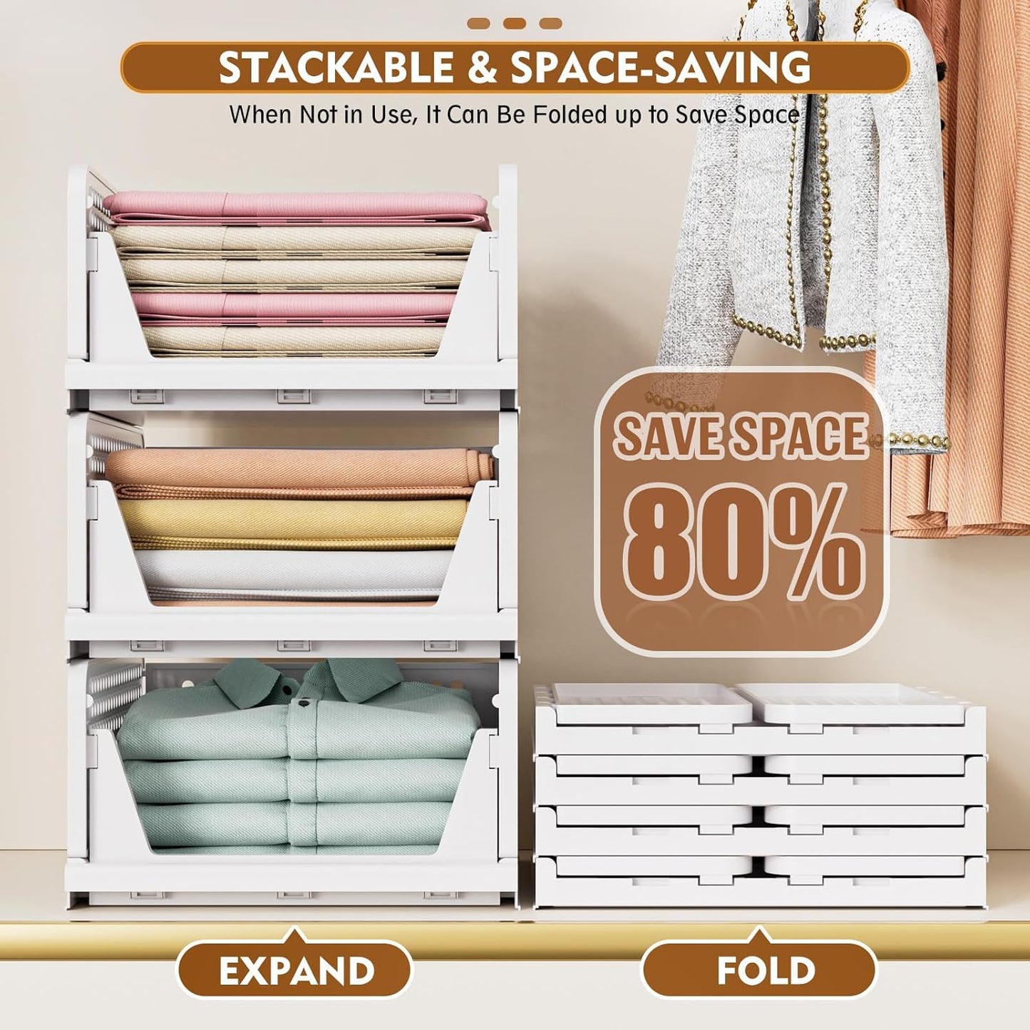 SNSLXH 5 Pack Stackable Closet Storage Basket, Multifunctional & Foldable Closet Organizer for