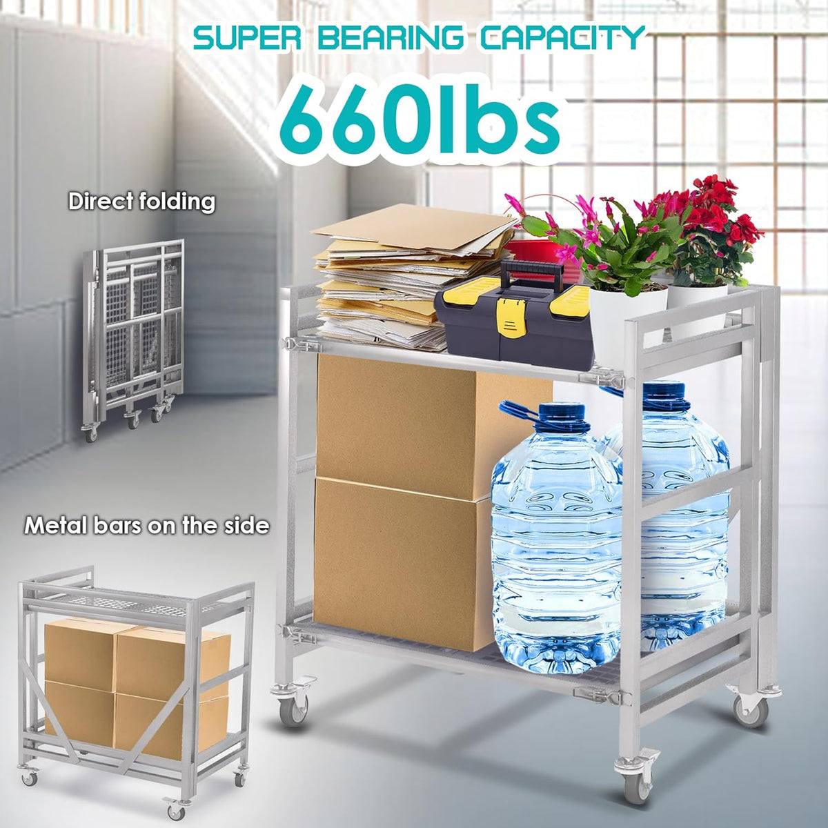 2 Shelf Rolling Cart with Wheels, 660lbs Capacity Collapsible Steel Rolling Utility Cart