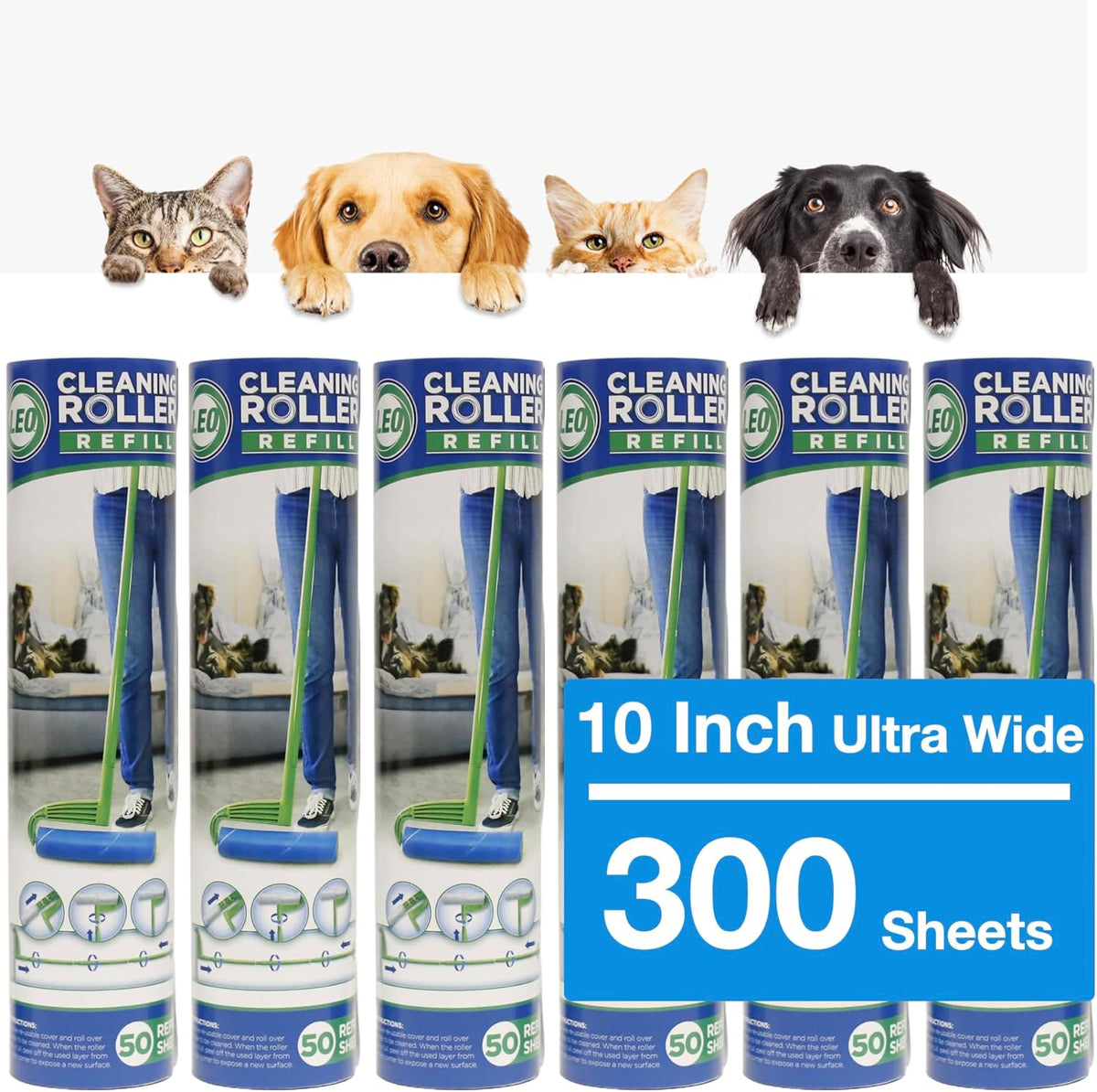 Leo 10-Inch Wide Lint Roller Refills, 6 Rolls with 50 Sheets Each (300 Sheets Total), Extra Sticky