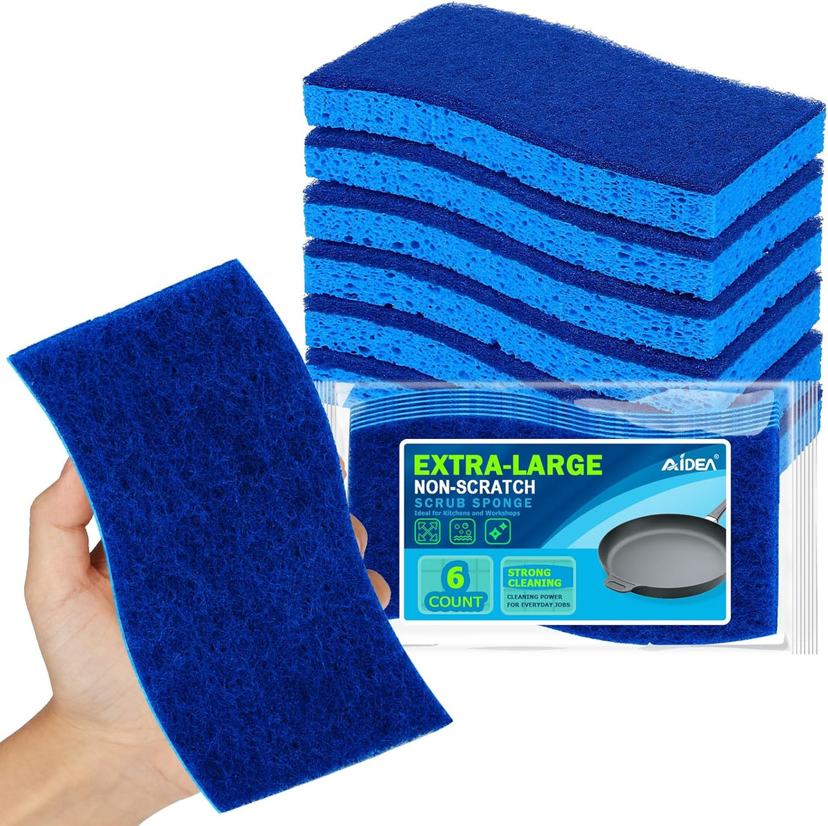AIDEA XL Scrub Sponges Non-Scratch 6Count, Extra Large Sponges Kitchen, Sponge for Dishes, Cleans