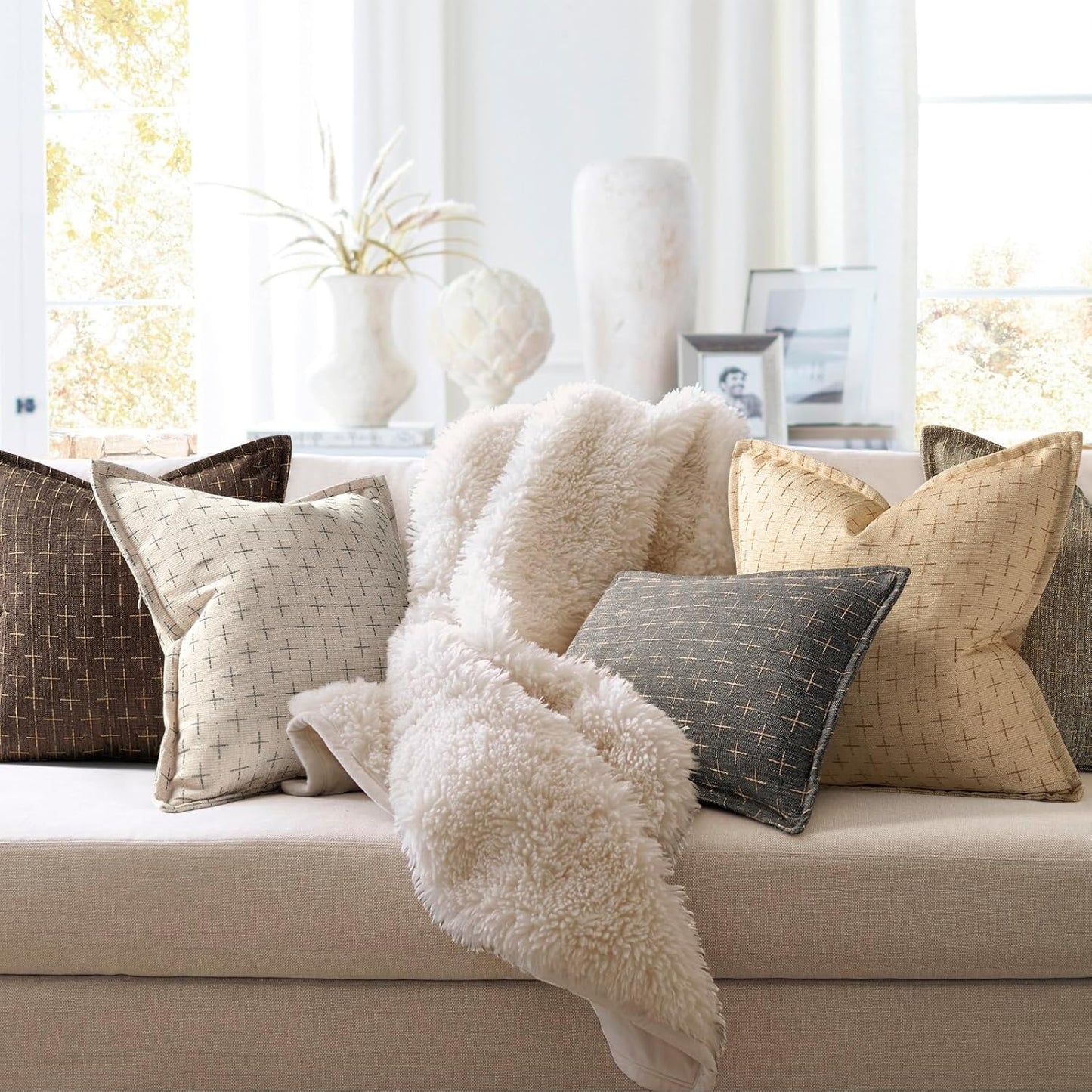ZWJD Pillow Covers 18x18 Set of 2 Soft Polyester Textured Pillow Covers with Stylish Flange Edge