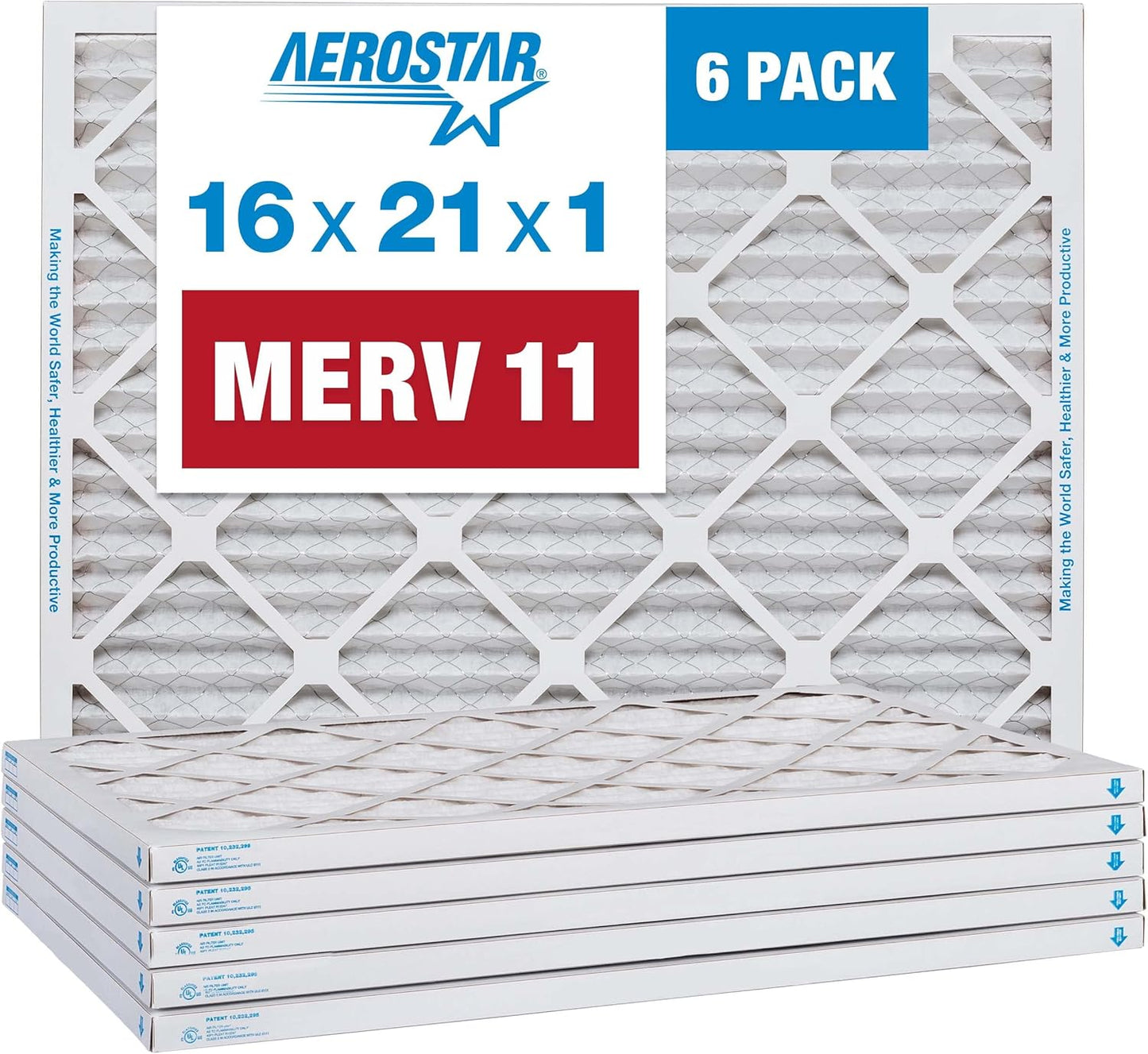 Aerostar 16x21x1 MERV 11 Pleated Air Filter, AC Furnace Air Filter, 6 Pack (Actual Size: 15 7/8" x