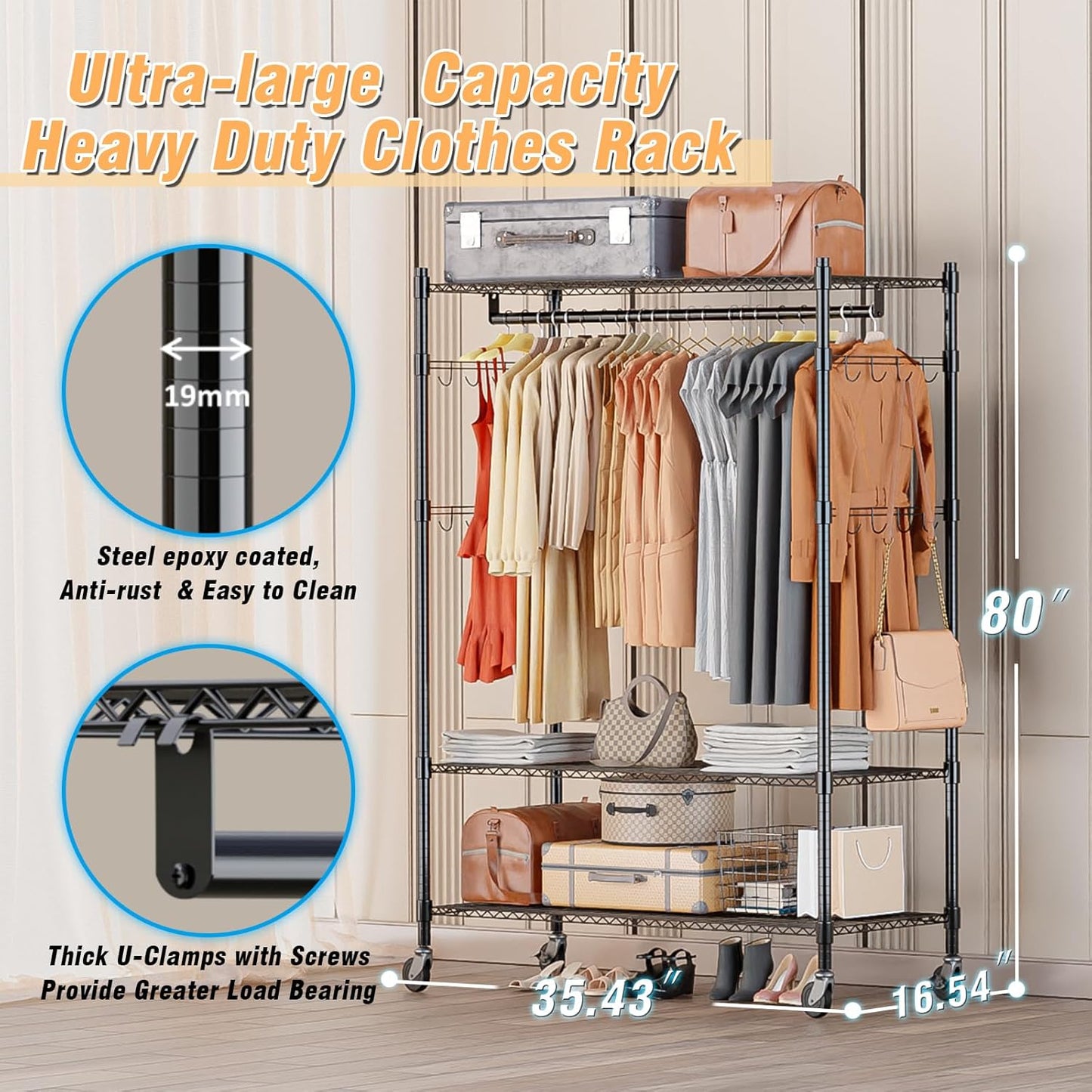Homdox 3 Tier Heavy Duty Garment Rack with Wheels, Adjustable Wire Clothes Rack with Double Hanging