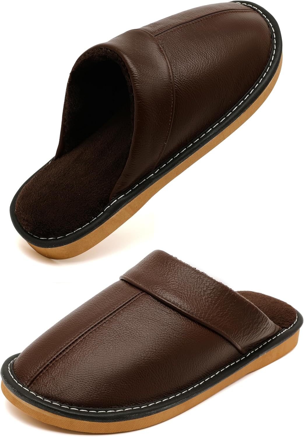 Slippers for Women Men, Genuine Leather Slippers Indoor Outdoor, Fuzzy Bedroom House Shoes for