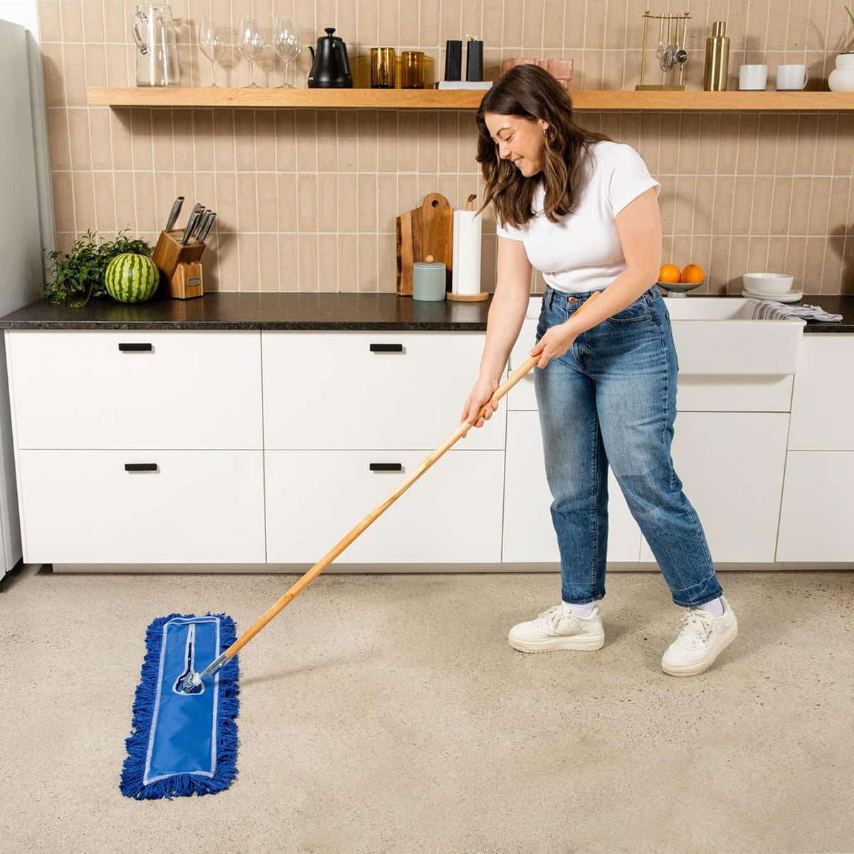 36 Inch Blue Commercial Dust Mop & Floor Sweeper – Wood Handle Floor Mop for Tile, Hardwood &