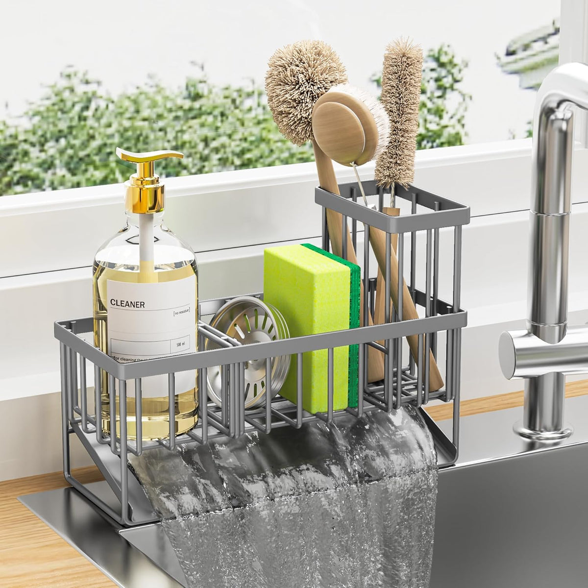 Cisily Sink Caddy Organzier with High Brush Holder, Sponge Holder for Sink, 304 Rustproof