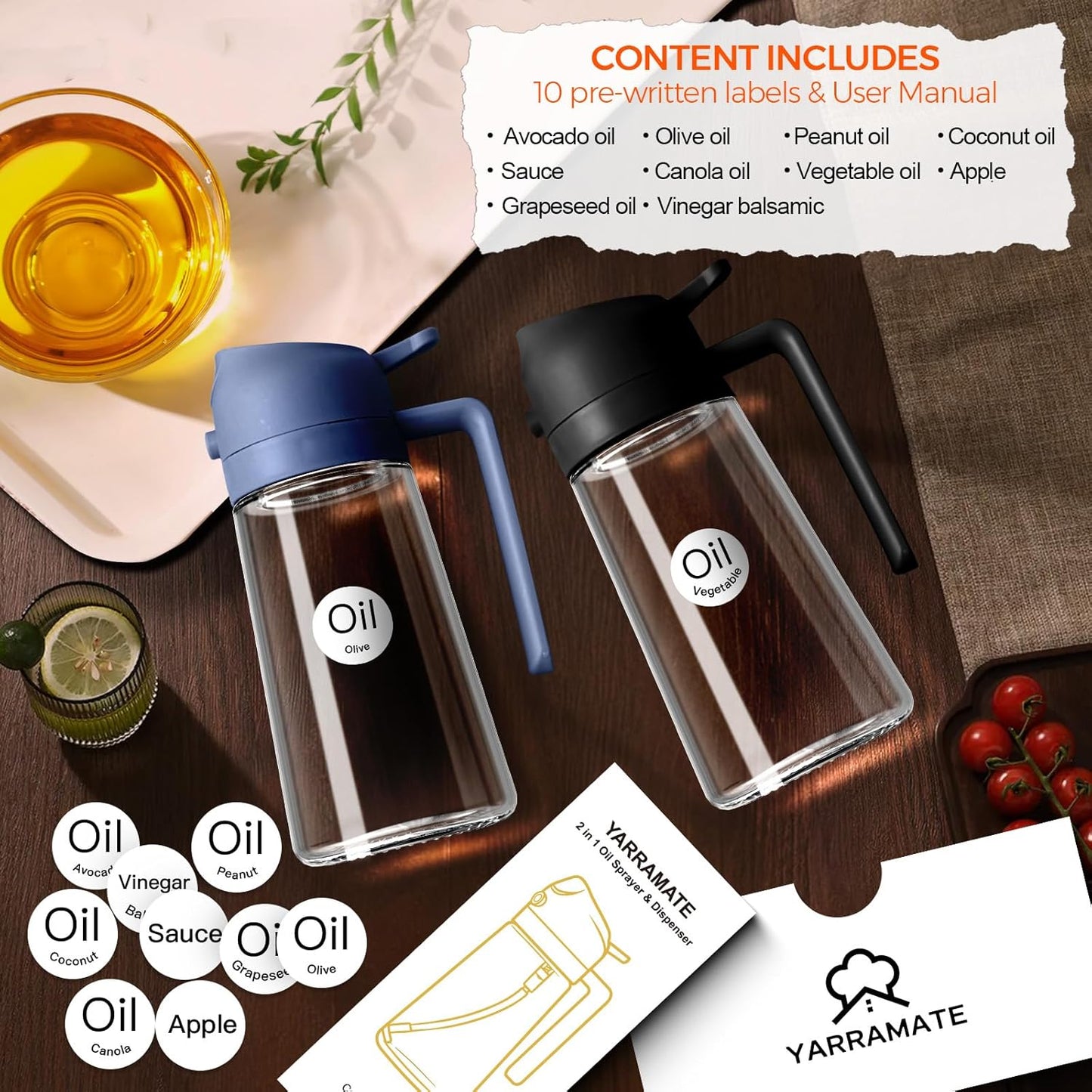 YARRAMATE 16oz/470ml Glass Olive Oil Sprayer for Cooking with Stickers, 2 in 1 Oil Dispenser for