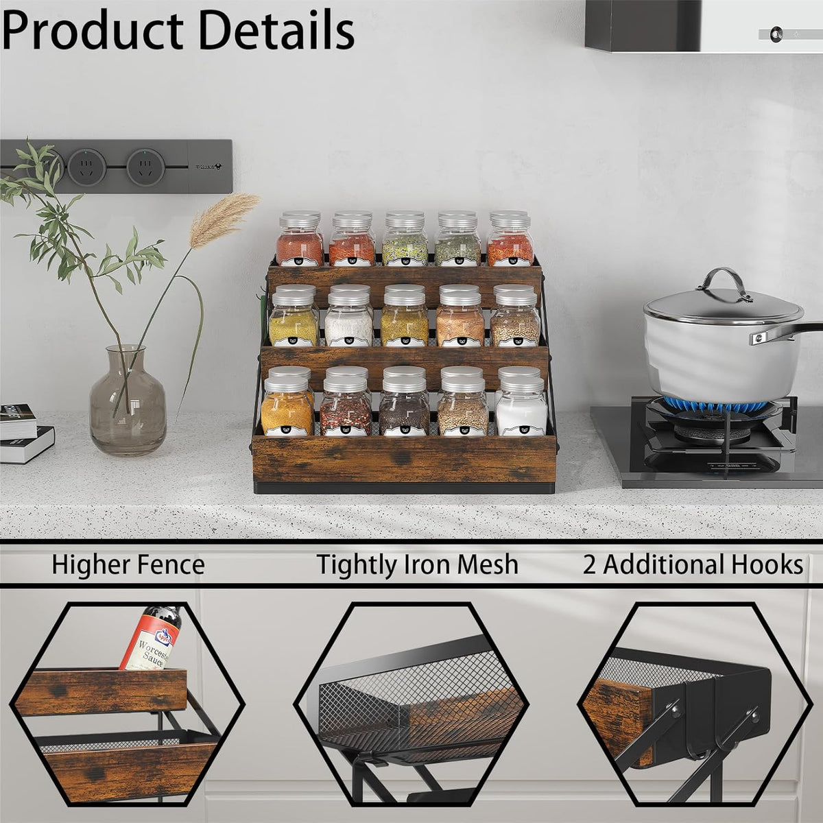 3 Tier Spice Rack Organizer for Cabinet, Foldable Spice Rack for Countertop, Cabinet Drawers Rustic