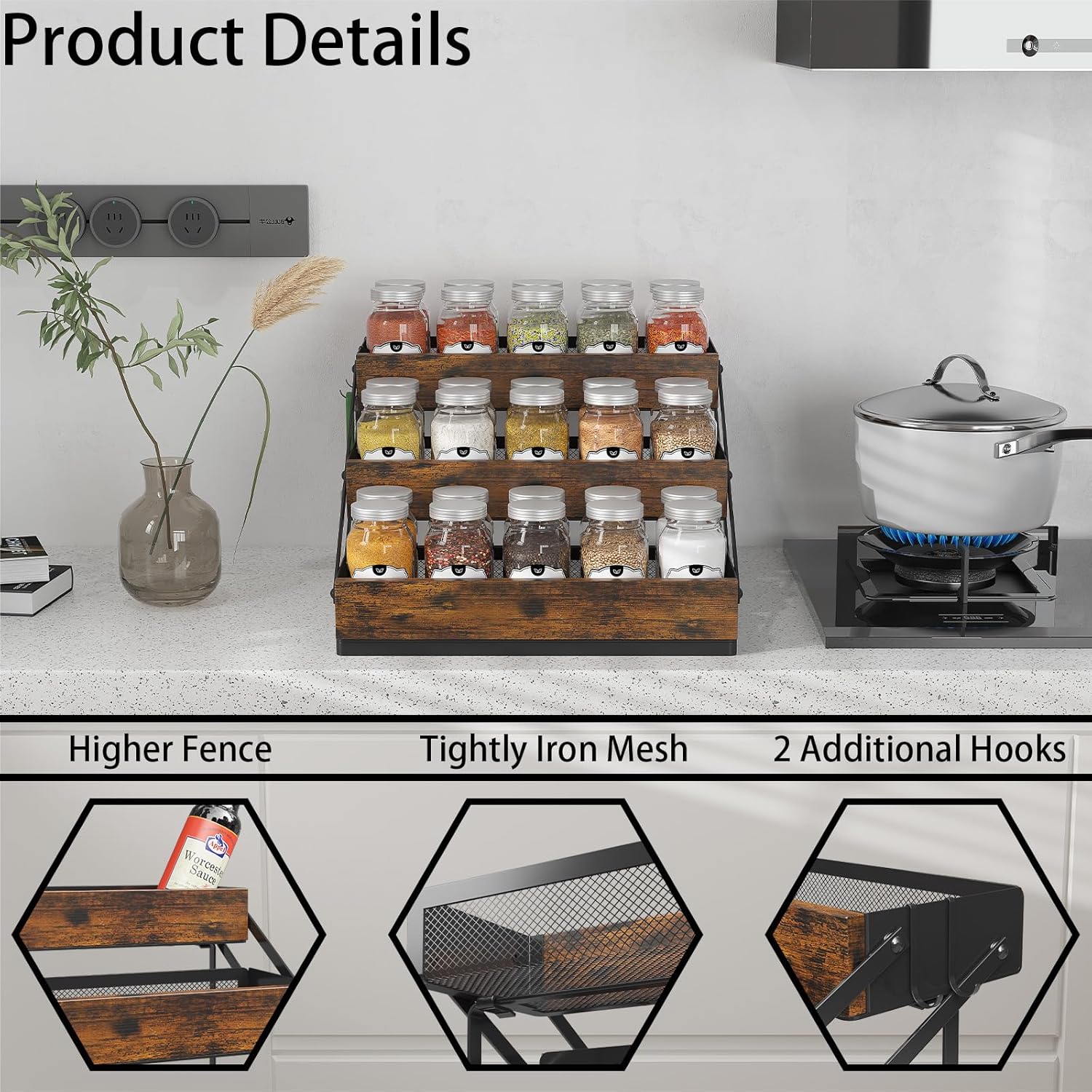 3 Tier Foldable Spice Rack Organizer for Countertop, Step Shelf with Spice Jars for Kitchen Cabinet