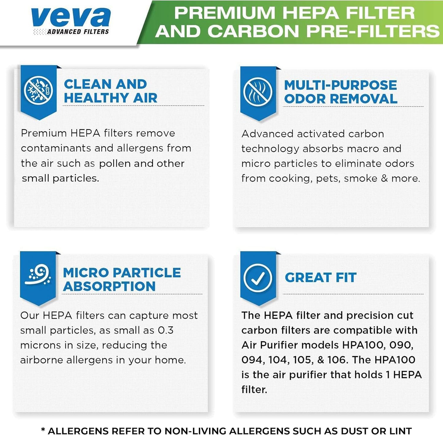 HPA100 Replacement Filters for Honeywell Air Purifier - 2 HEPA Filters w/ 8 Carbon Pre-Filters