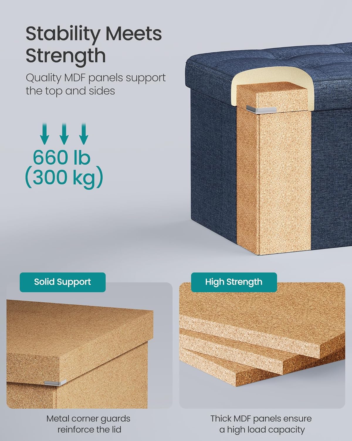 SONGMICS MAZIE Collection - 43 Inches Folding Storage Ottoman Bench, Ottoman Foot Rest, End of Bed