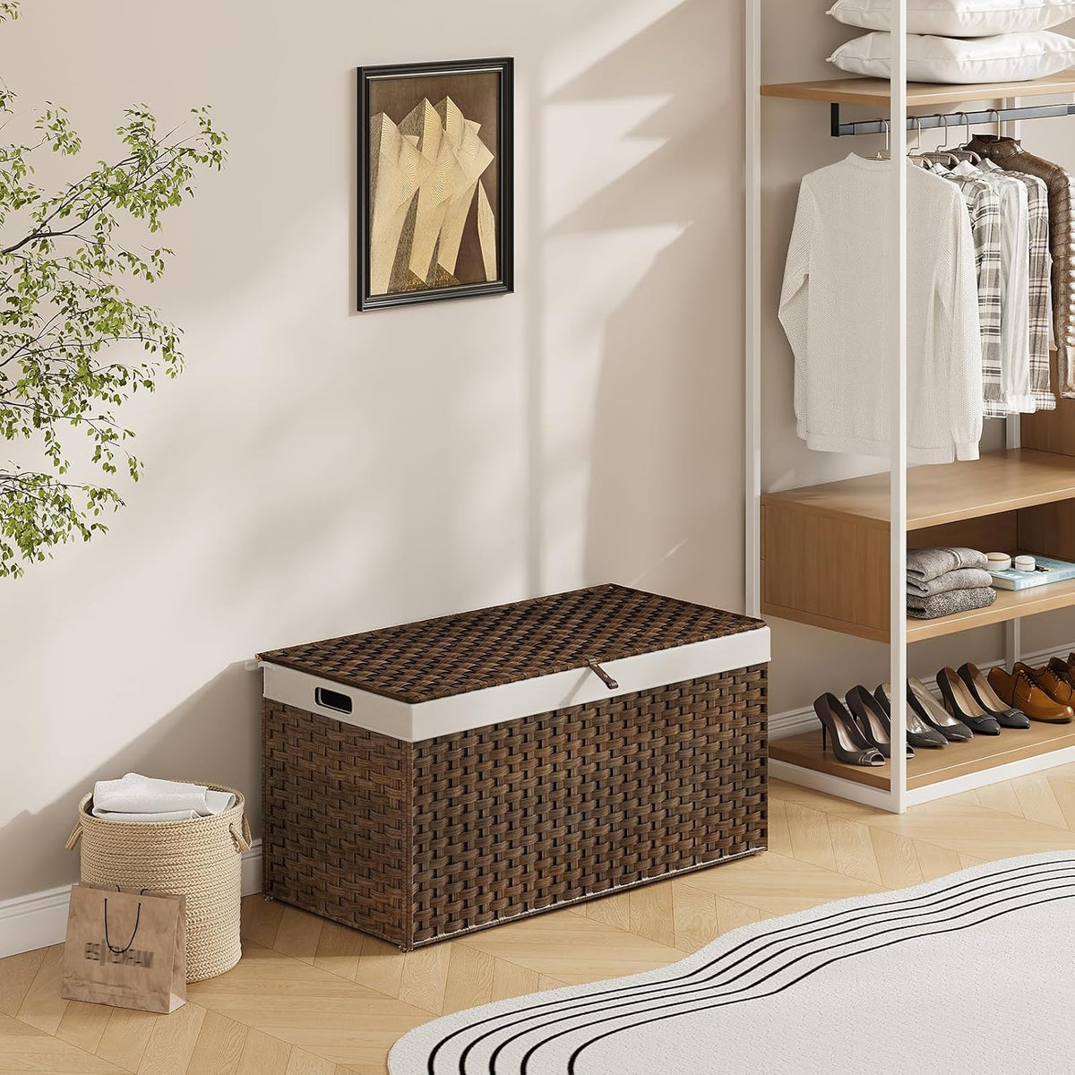 HOOBRO Storage Basket with Lid, 52.8 Gallon (200L) Wicker Basket, Handwoven Blanket Storage Basket