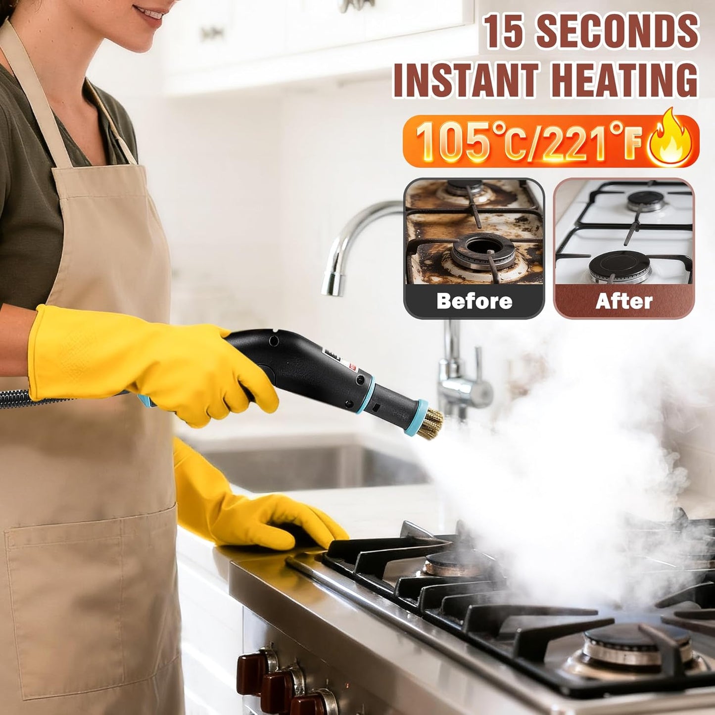 Steam Cleaner, 4 Bar High Pressure Steamer with 6-Level Adjustable, 15s Heat-Up, 42.7oz Large Tank