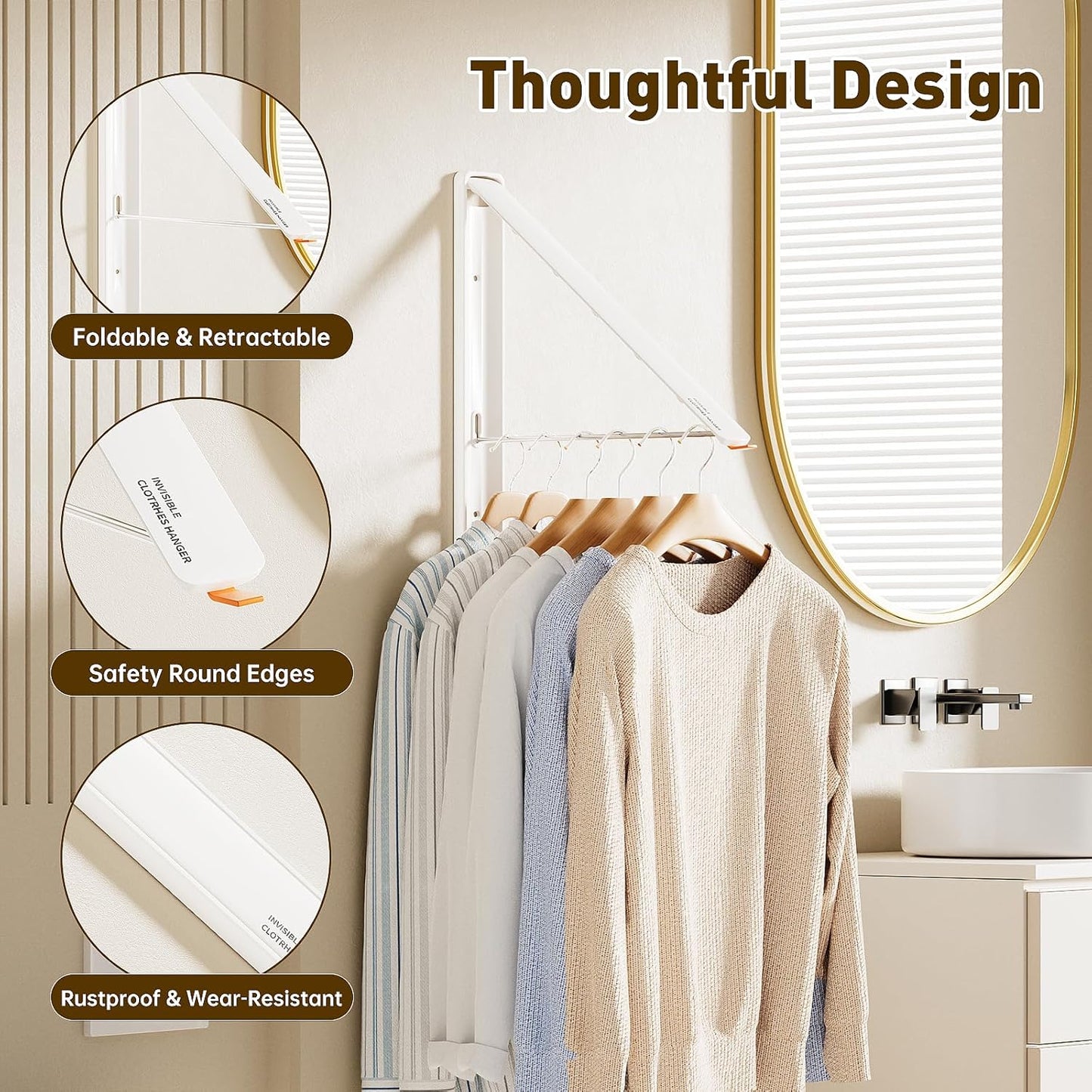 Clothes Drying Rack, Laundry Room Wall Mounted Retractable Clothes Hanger Drying Rack, Laundry