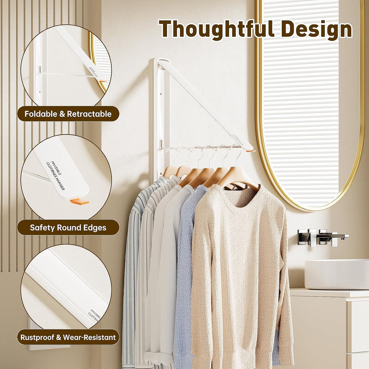 Clothes Drying Rack, Laundry Room Wall Mounted Retractable Clothes Hanger Drying Rack, Laundry