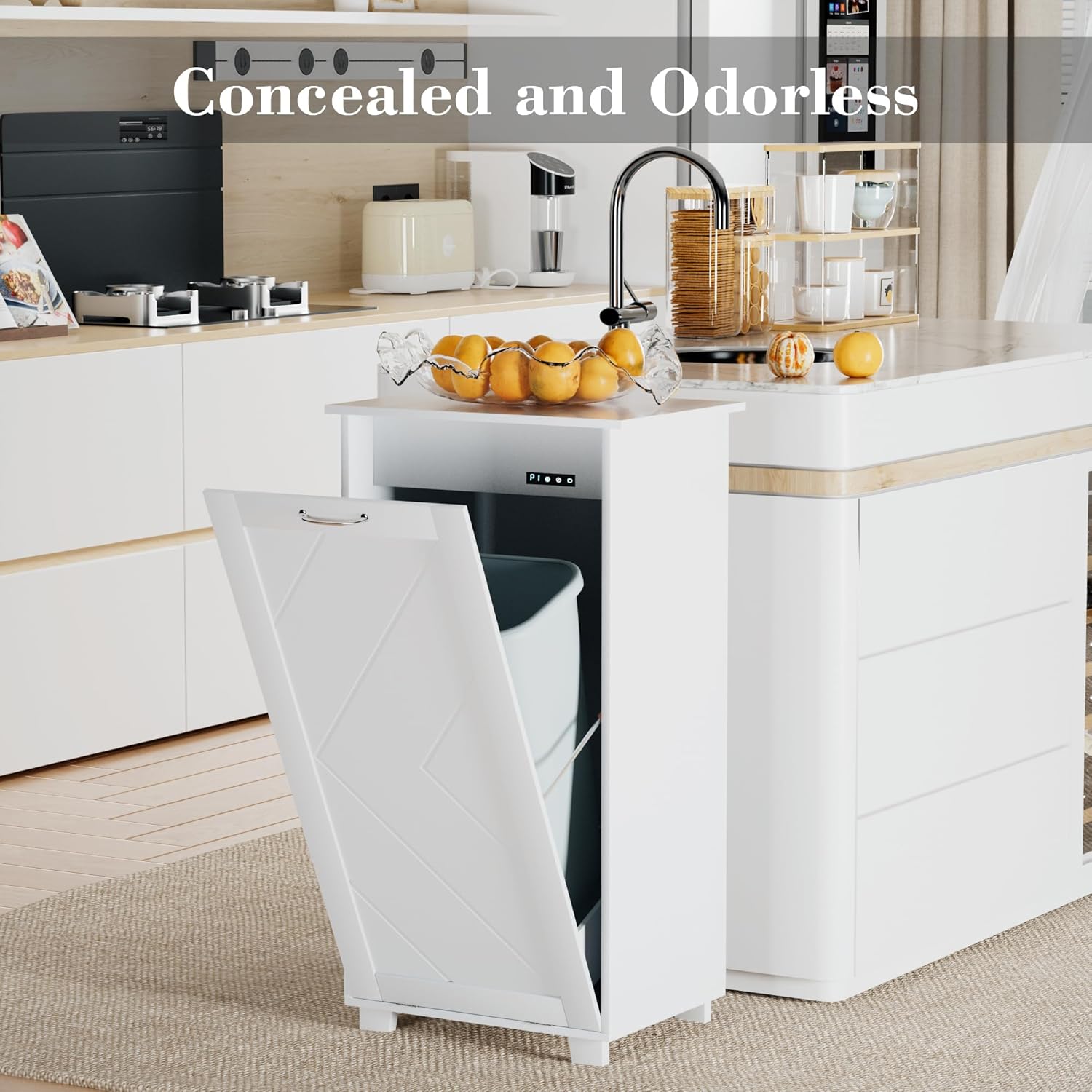 VECELO Tilt Out Kitchen Trash Bin Cabinet, Dog Proof Garbage Can with Wood Holder Free Standing