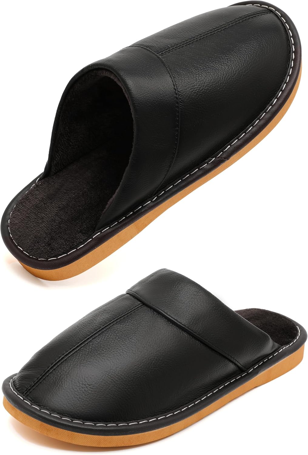 Slippers for Women Men, Genuine Leather Slippers Indoor Outdoor, Fuzzy Bedroom House Shoes for