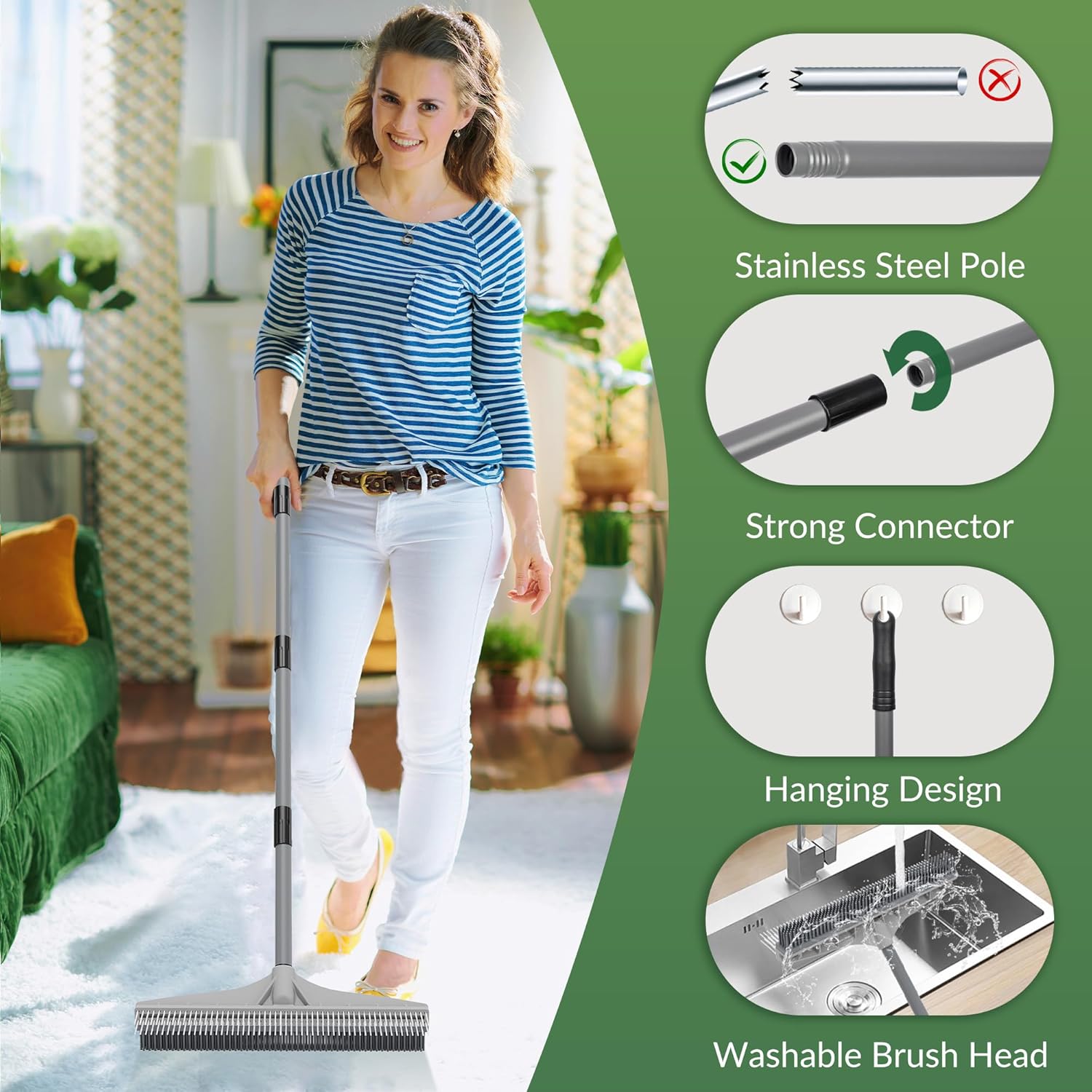 Walensee Carpet Rake for Pet Hair Removal, 61" Carpet Hair Cleaning Tool with Adjustable Long