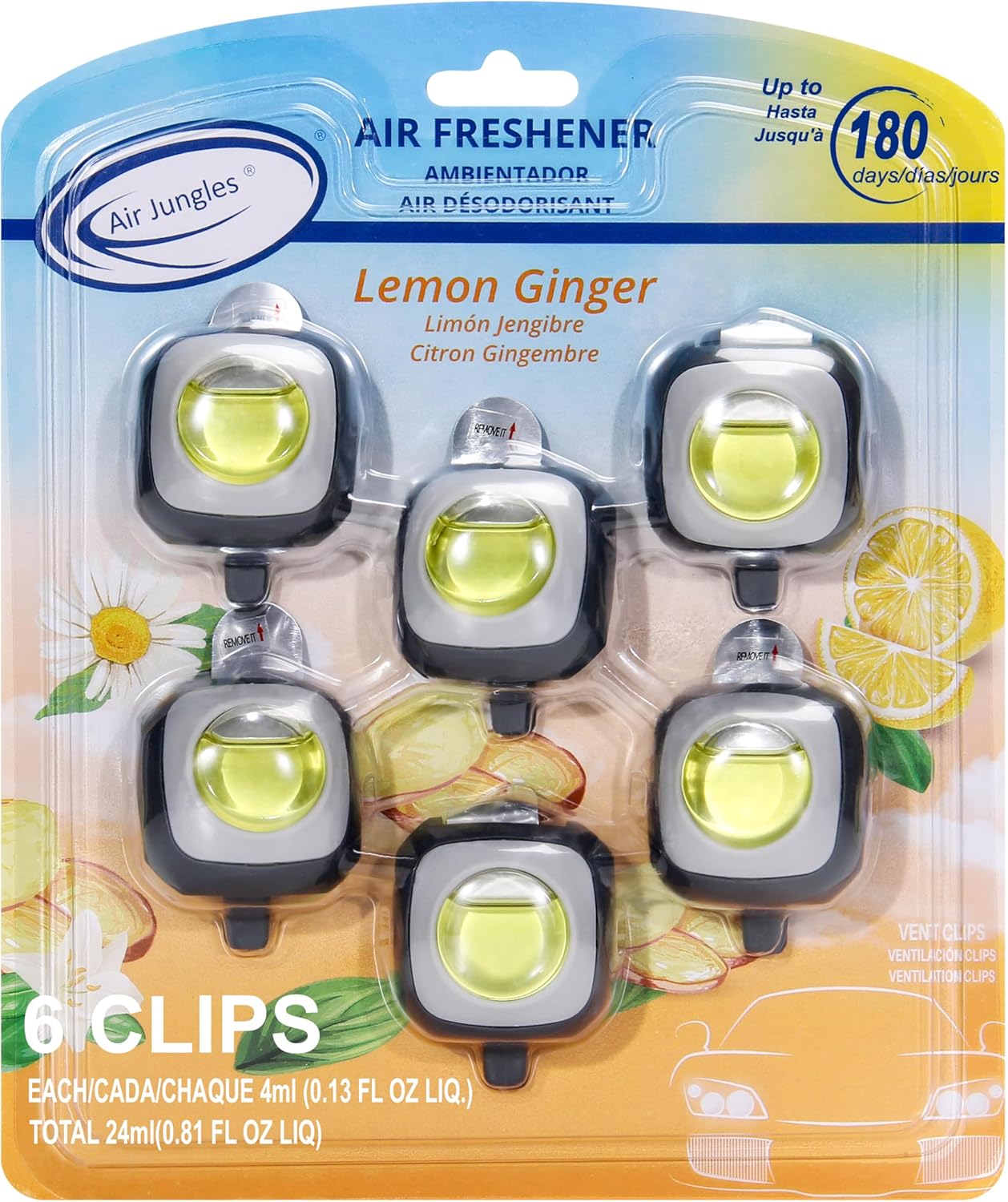 Air Jungles Lemon Ginger Scent Car Air Freshener Clip, 6 Vent Clips, 4ml Each, Long Lasting Air