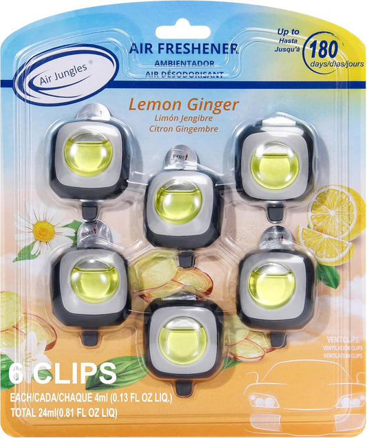 Air Jungles Lemon Ginger Scent Car Air Freshener Clip, 6 Vent Clips, 4ml Each, Long Lasting Air