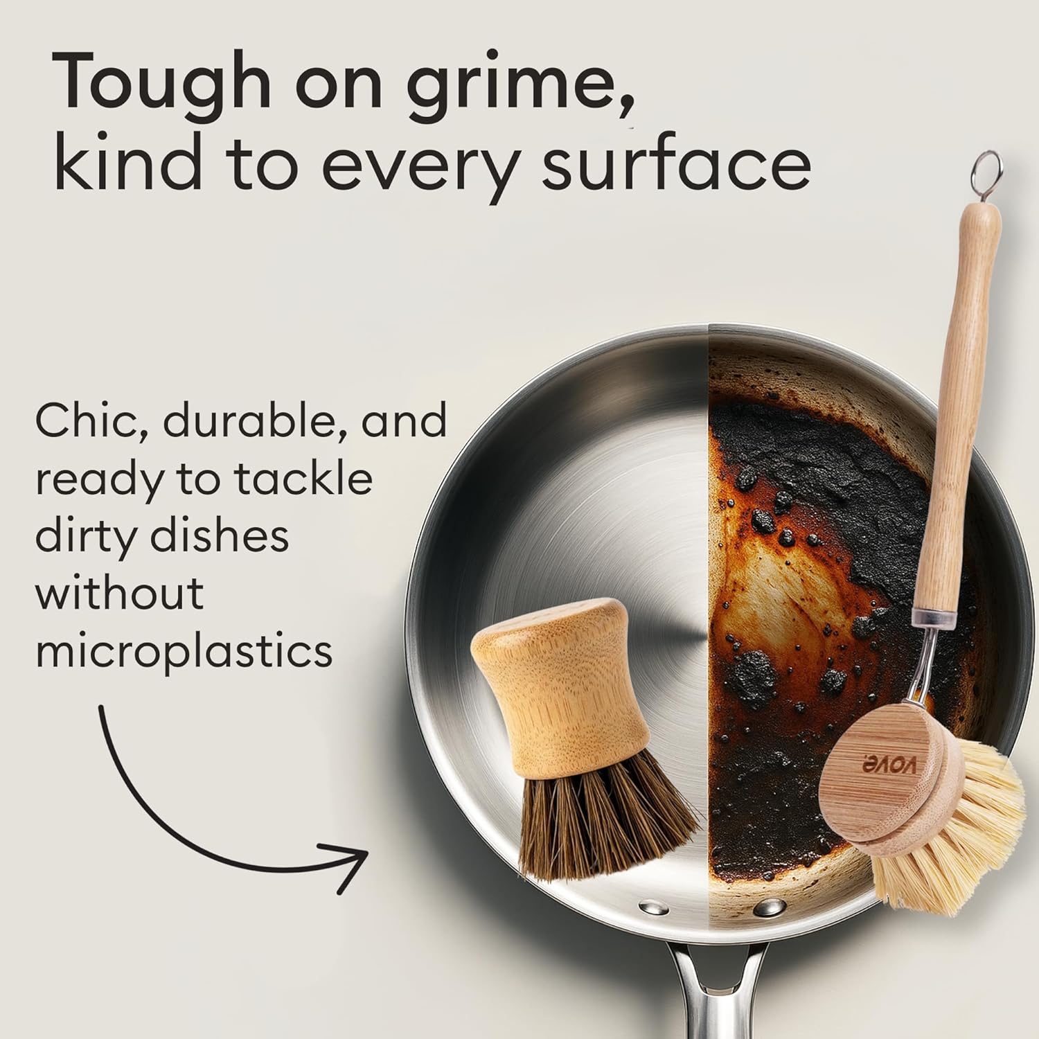Vove Dish Brush Bundle - FSC-Certified Bamboo Dish Brush & Scrub Brush, 3 Replacement Heads