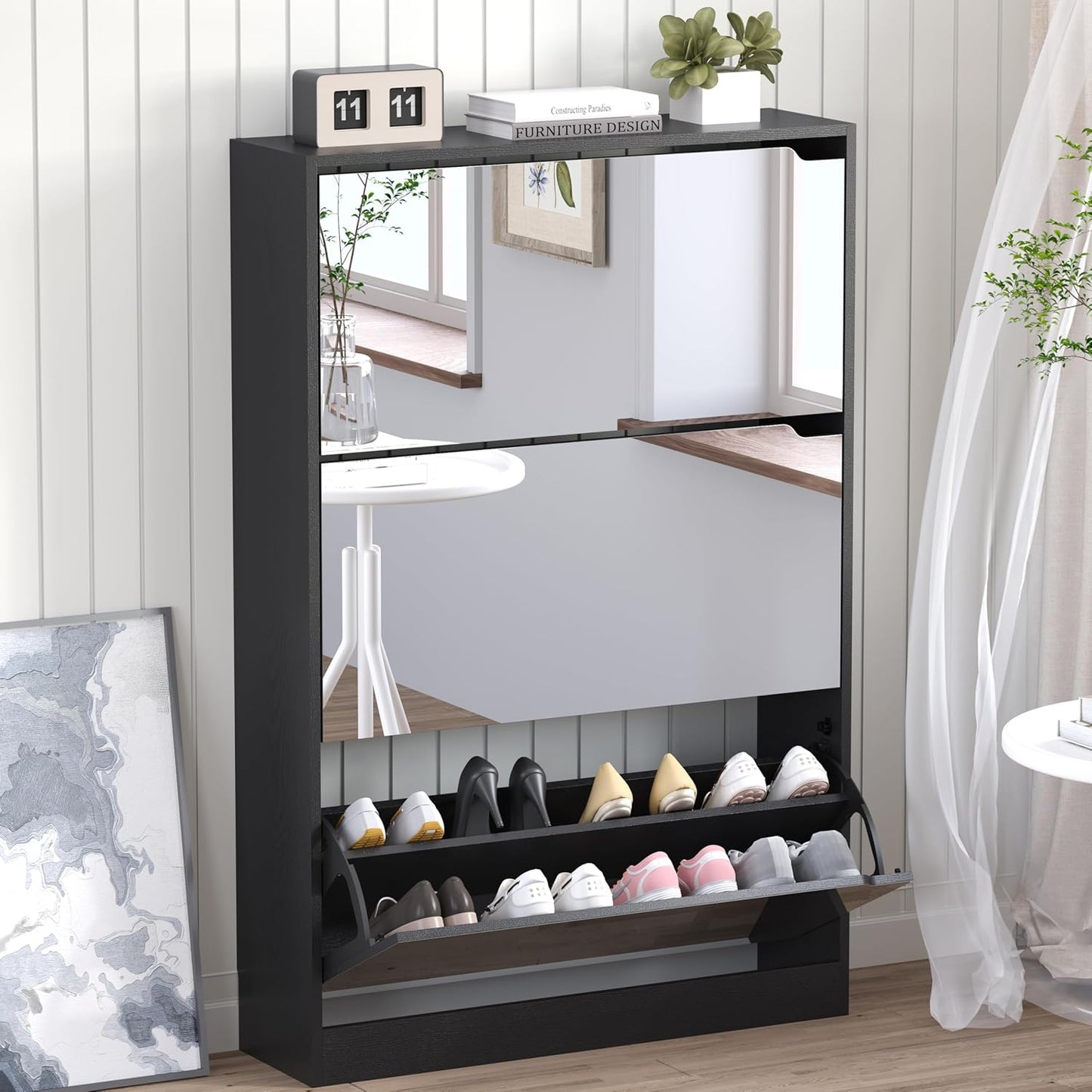 Shoe Cabinet with 3-Flip Mirror Drawers, Freestanding Shoe Rack Organizer with Hidden Handle, Slim