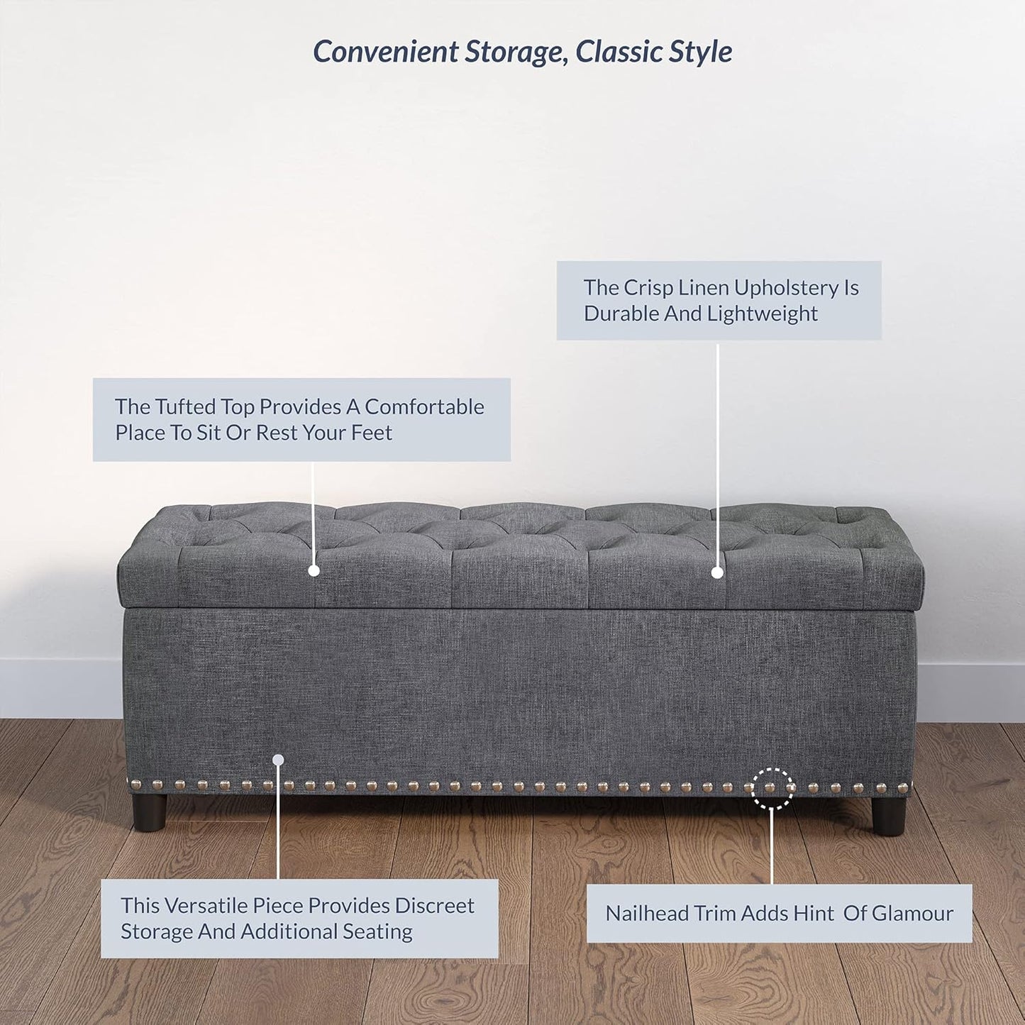 BELLEZE 47" Storage Ottoman, Storage Bench with Safety Close Hinge, Linen Button-Tufted Ottoman for