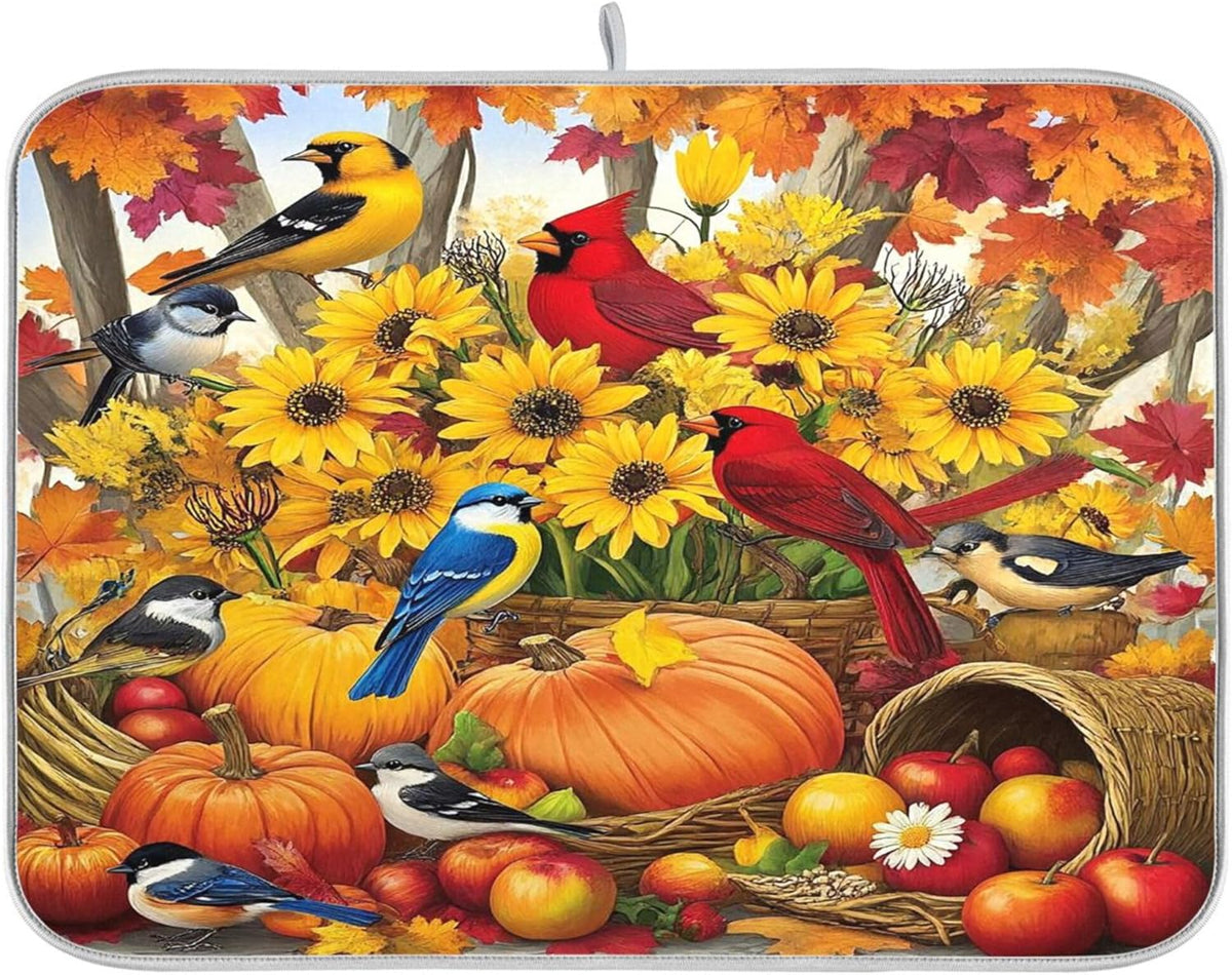 Fall Birds Dish Drying Mat for Kitchen Countertop 18x24 Autumn Pumpkin Sunflower Large Drying Mat