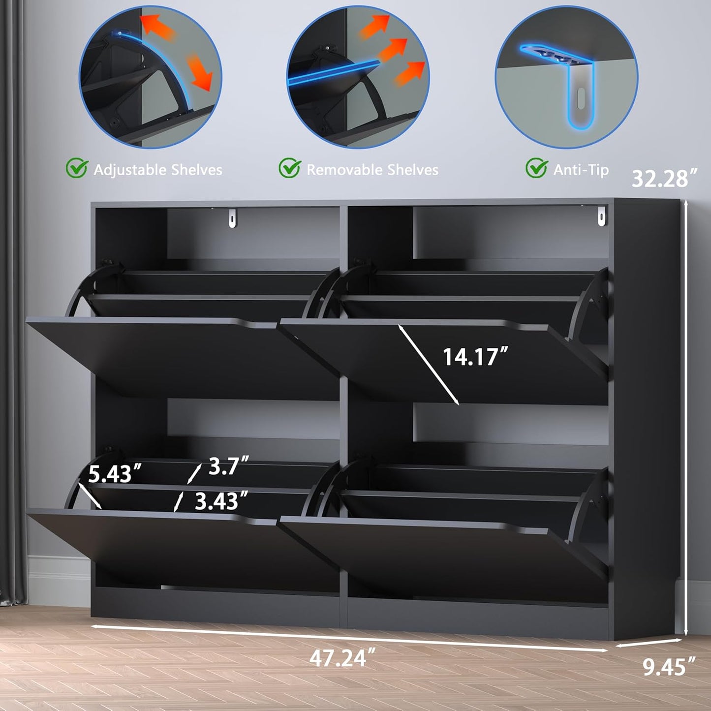 Shoe Cabinet with 4 Flip Drawers, Narrow Hidden Shoe Storage Cabinet, Slim Freestanding Shoe Rack