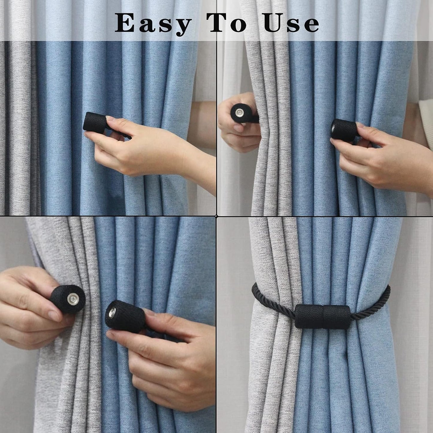 2 Pack Black Strong Magnetic Curtain Tiebacks Outdoor Elegant Decorative Tie Backs Modern Rope