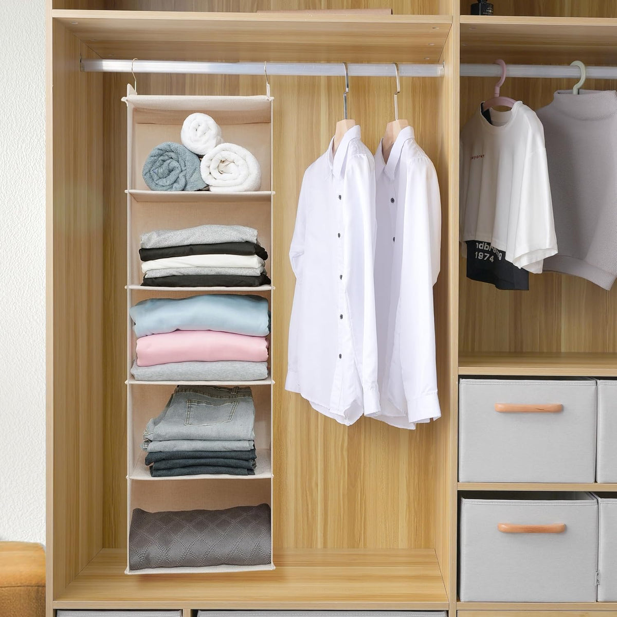 Large Hanging Sweater Organizer for Closet,Collapsible 6-Shelf Hanging Closet Shelves with Drawers