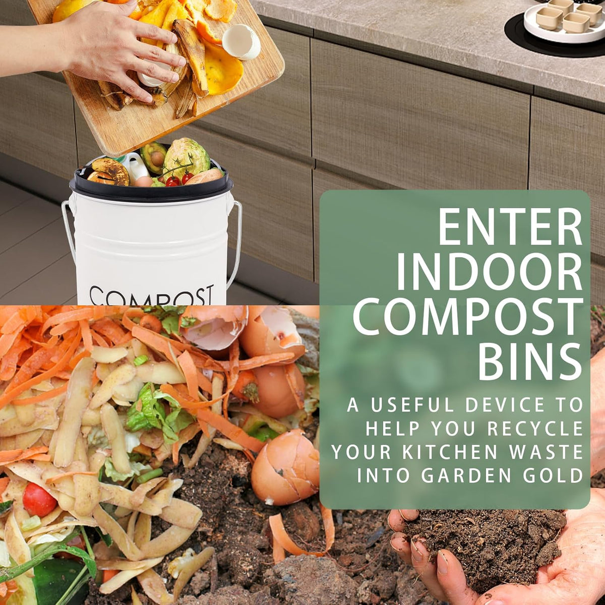 Vipush Compost Bin with Lid Small Countertop Compost Bin includes Inner Liner & 3 Charcoal Filters
