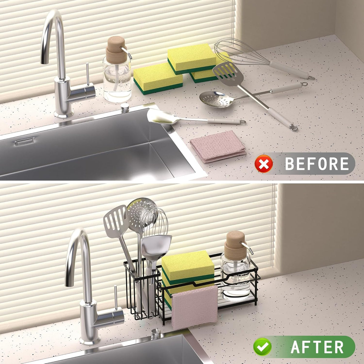 Sponge Holder for Kitchen Sink,Sink Caddy Organizer With Stone Drying Tray, Stainless Steel Kitchen