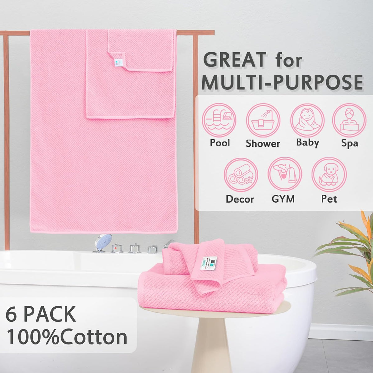 Pink Towels - 100% Cotton, Soft, Quick Dry, Lightweight, Towel Set of 6, 2 Large Bath 30" x 56", 2