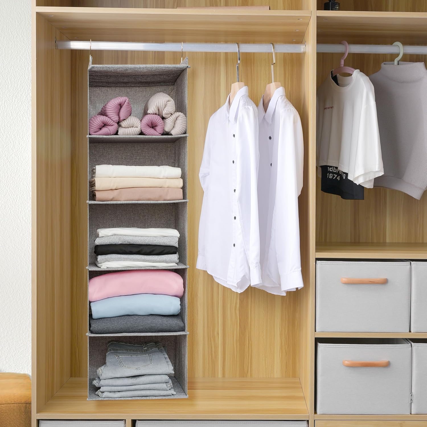 Large Hanging Sweater Organizer for Closet,Collapsible 6-Shelf Hanging Closet Shelves with Drawers